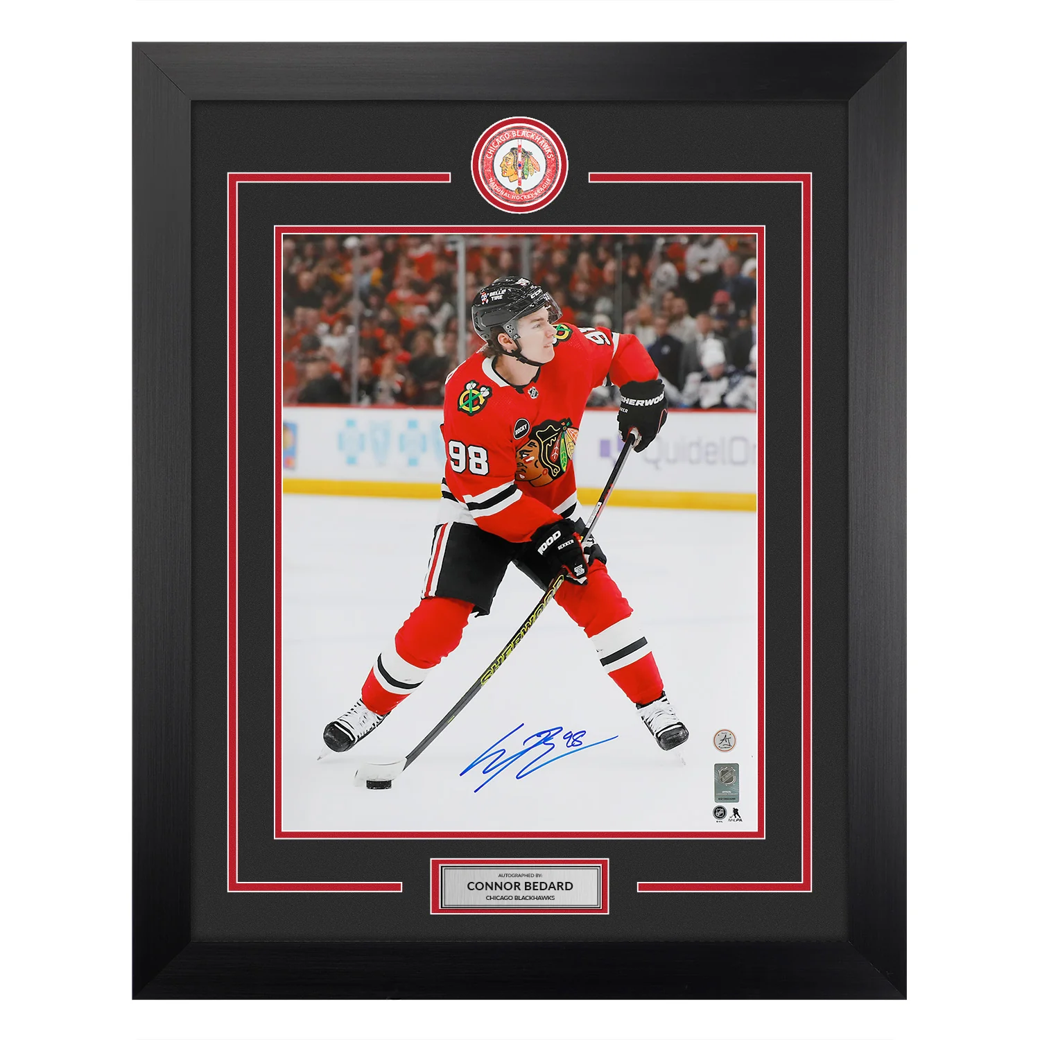 Connor Bedard Autographed Chicago Blackhawks Goal Sniper 26x32 Frame