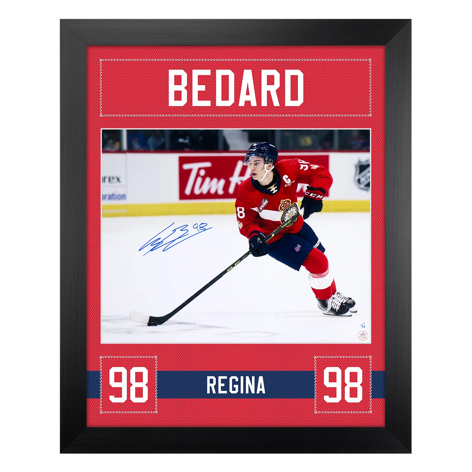 Connor Bedard Autographed Regina Pats Uniform Graphic 26x32 Frame #/98