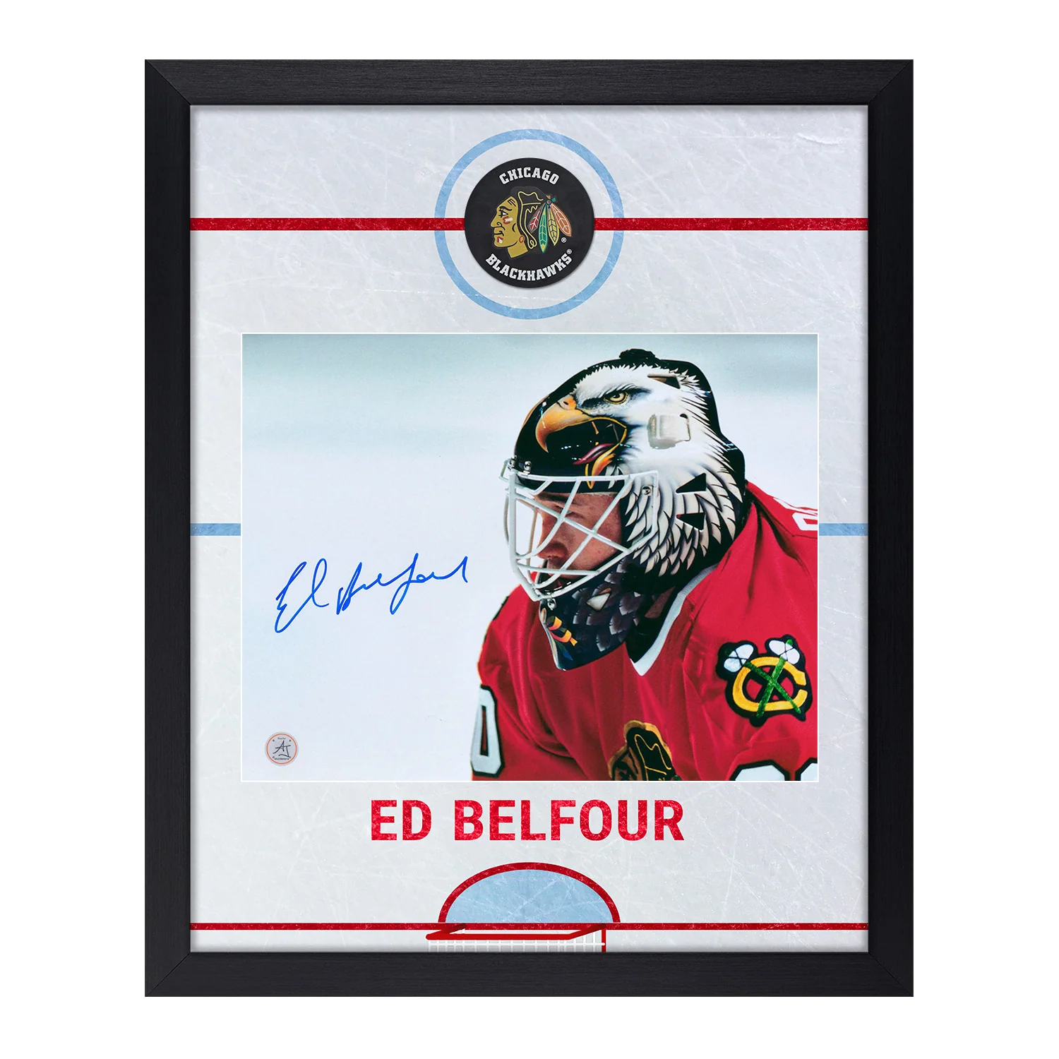 Ed Belfour Autographed Chicago Blackhawks Graphic Rink 19x23 Frame