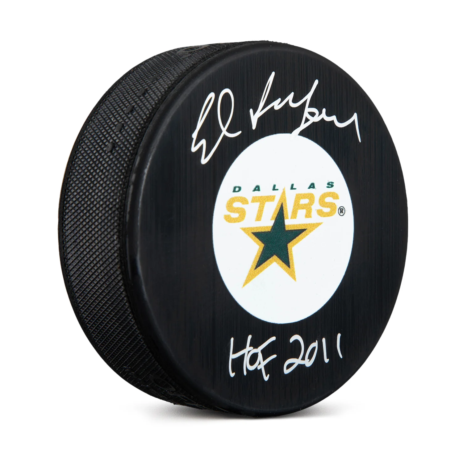 Ed Belfour Signed Dallas Stars Retro Logo Puck with HOF Note
