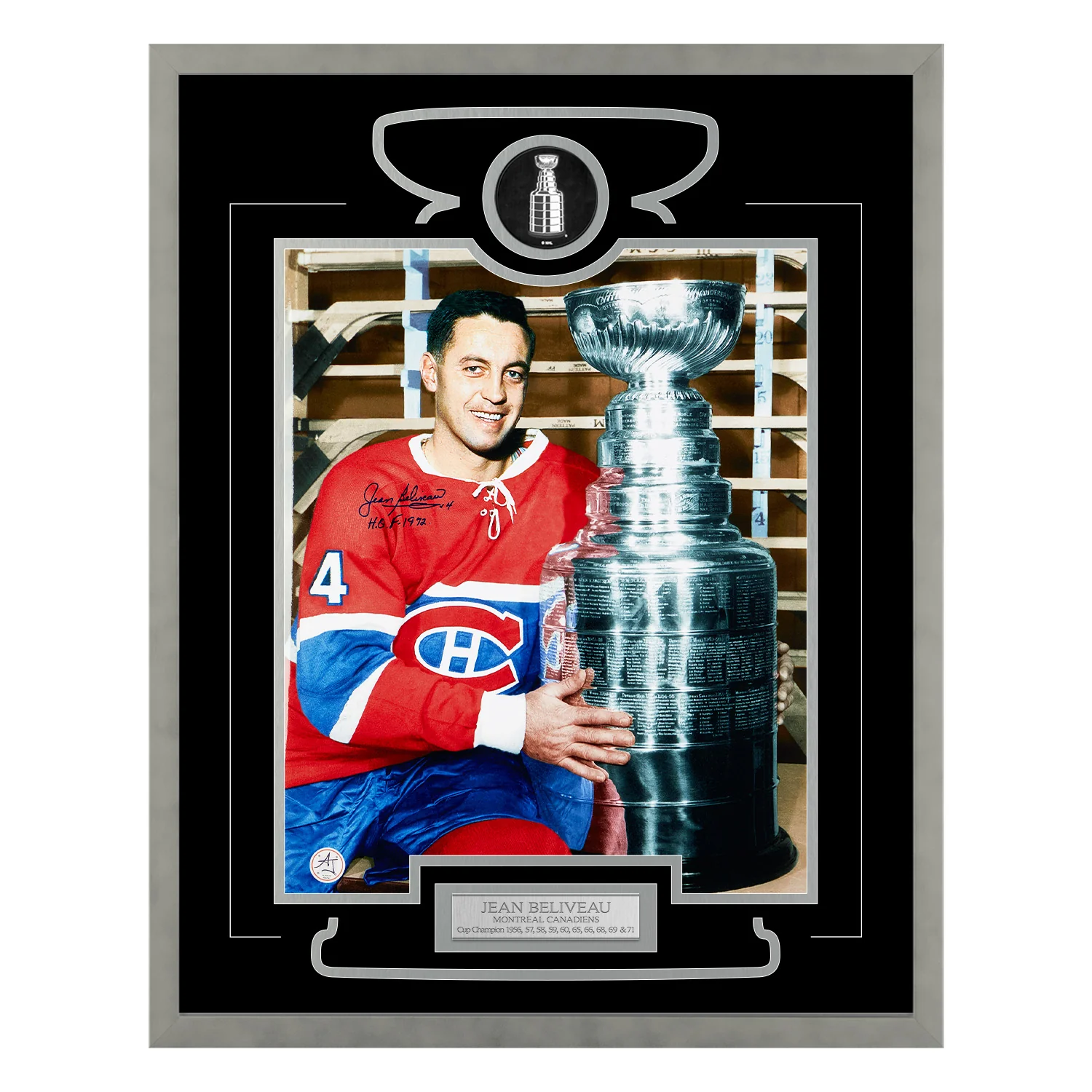 Jean Beliveau Signed Montreal Canadiens Cup Champion 26x32 Frame