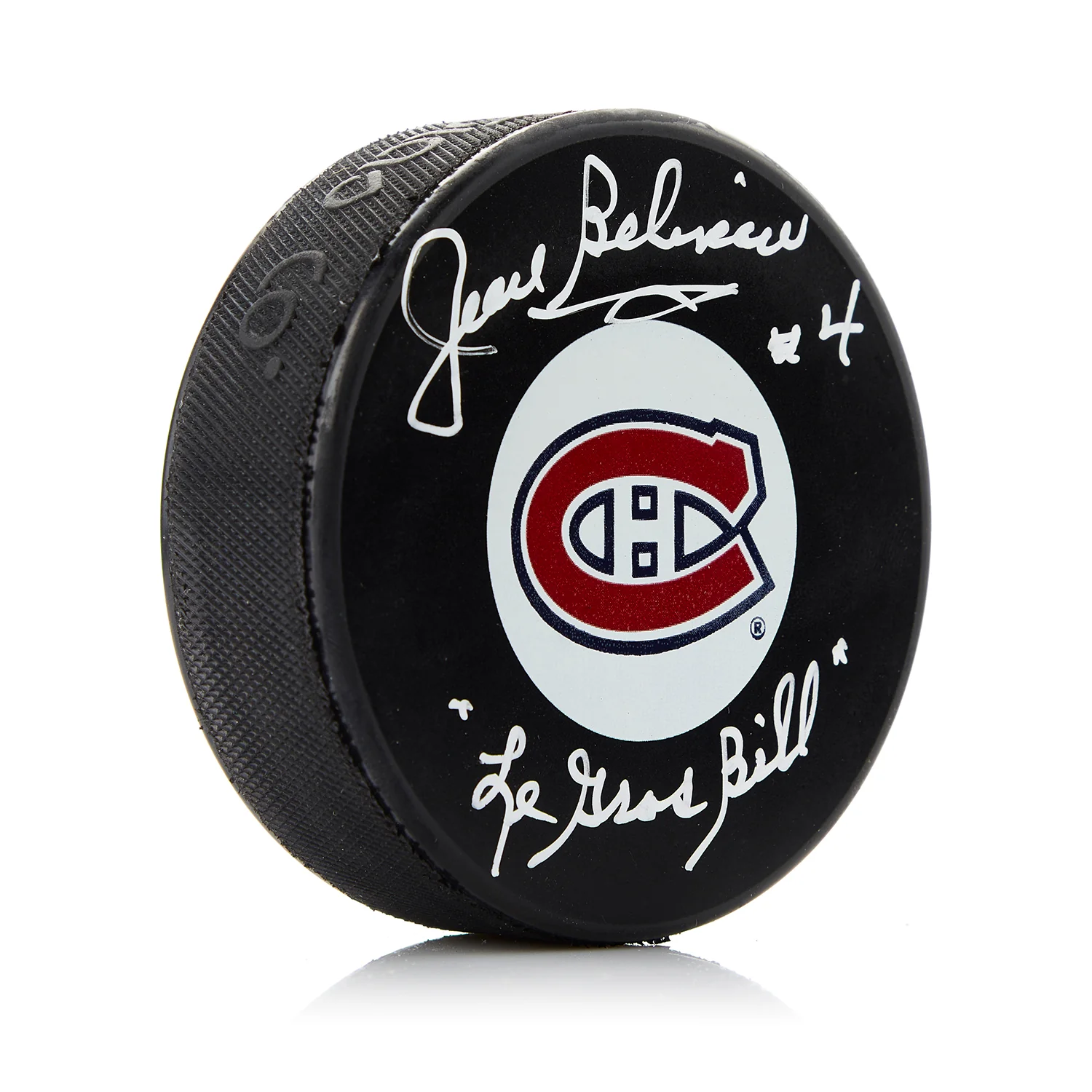 Jean Beliveau Signed Montreal Canadiens Hockey Puck with Le Gros Bill Note