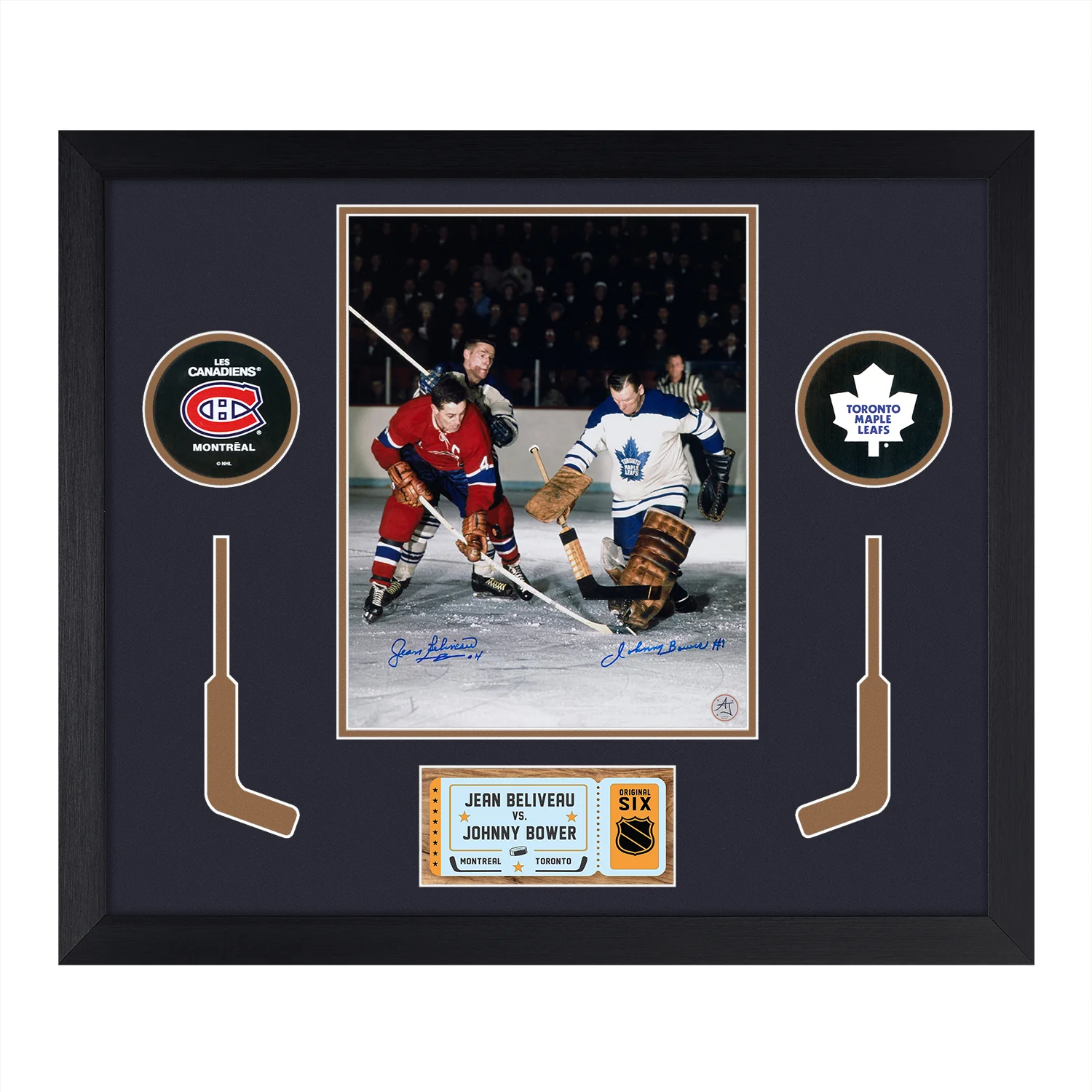 Jean Beliveau & Johnny Bower Dual Signed Hockey Rivalry 24x28 Frame