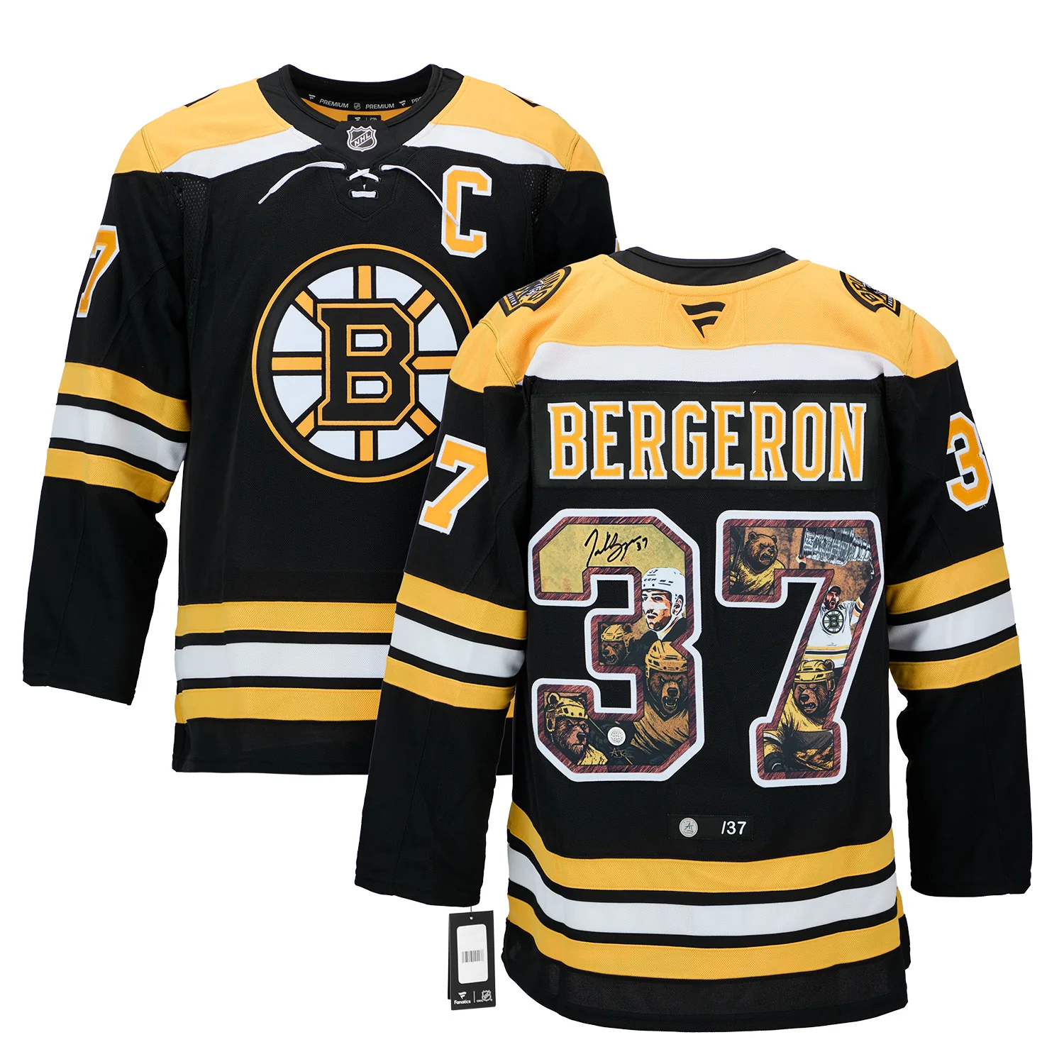 Patrice Bergeron Signed Boston Bruins Comic Book Bear Art Jersey #/37 - Image 3