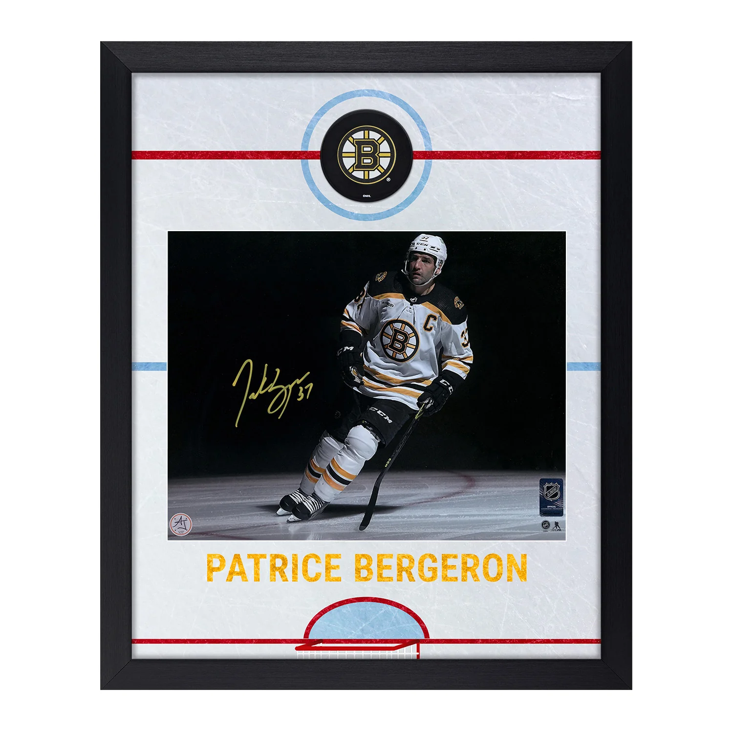 Patrice Bergeron Signed Boston Bruins Graphic Rink 19x23 Frame