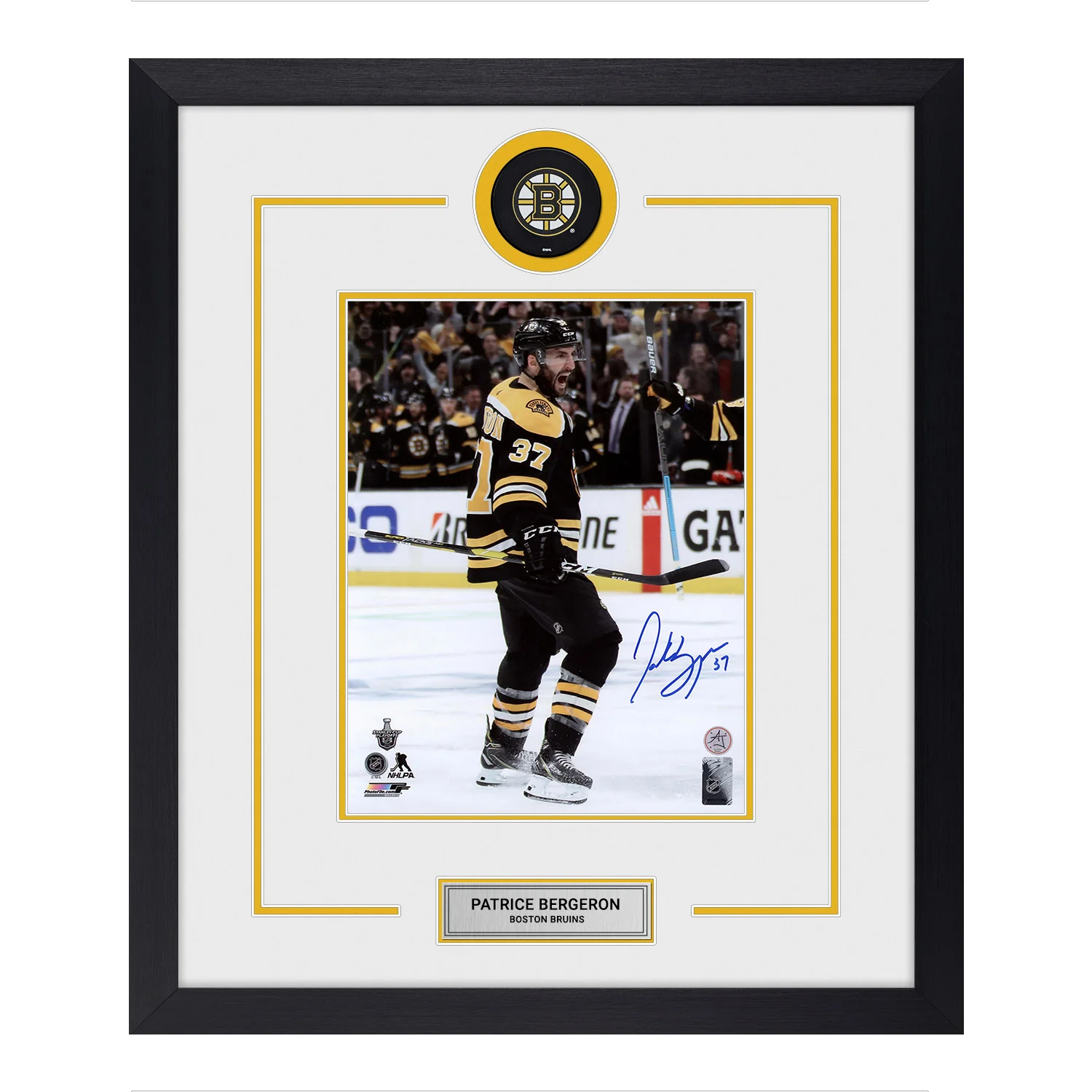 Patrice Bergeron Signed Boston Bruins Puck Logo 23x27 Frame