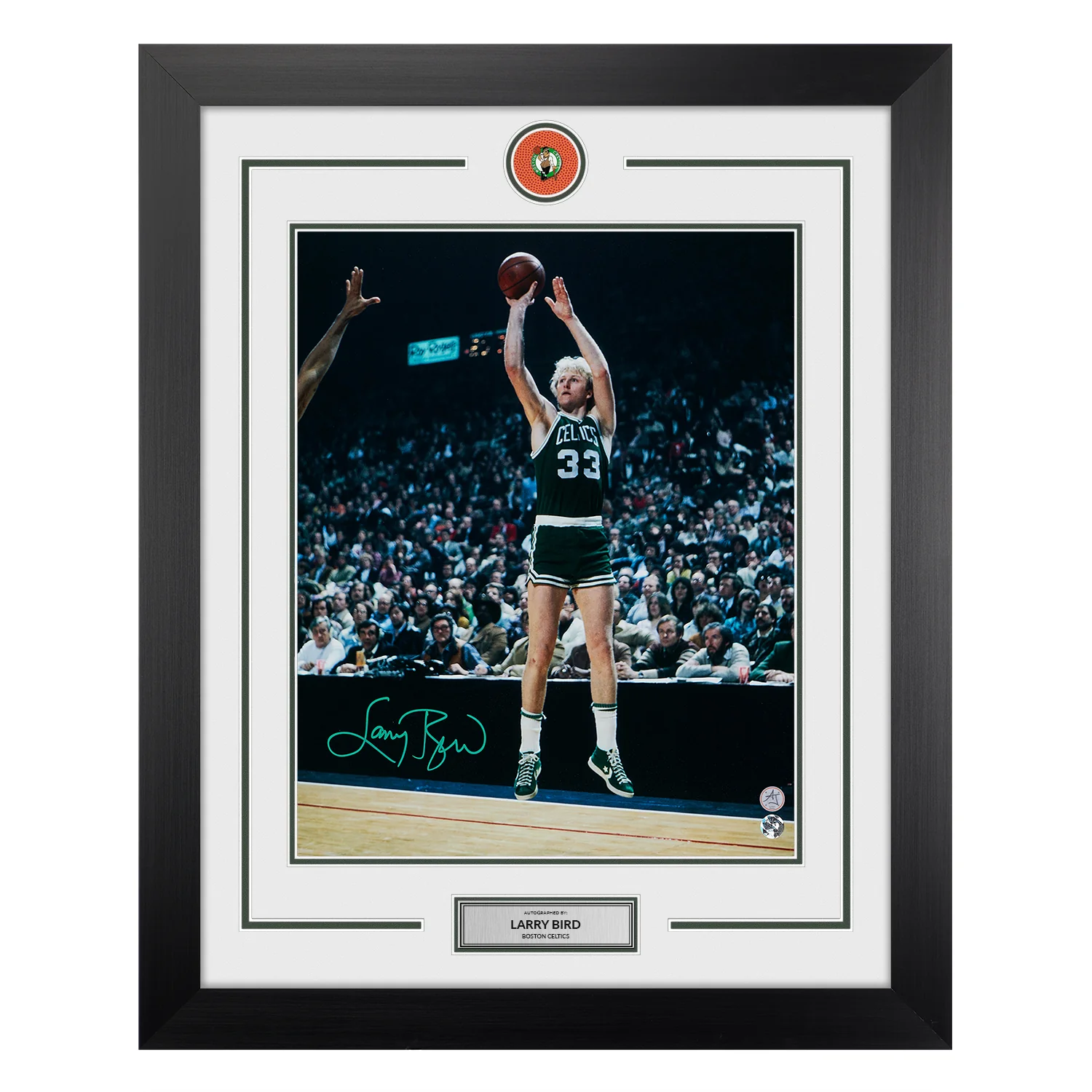 Larry Bird Autographed Boston Celtics Basketball Logo 26x32 Frame