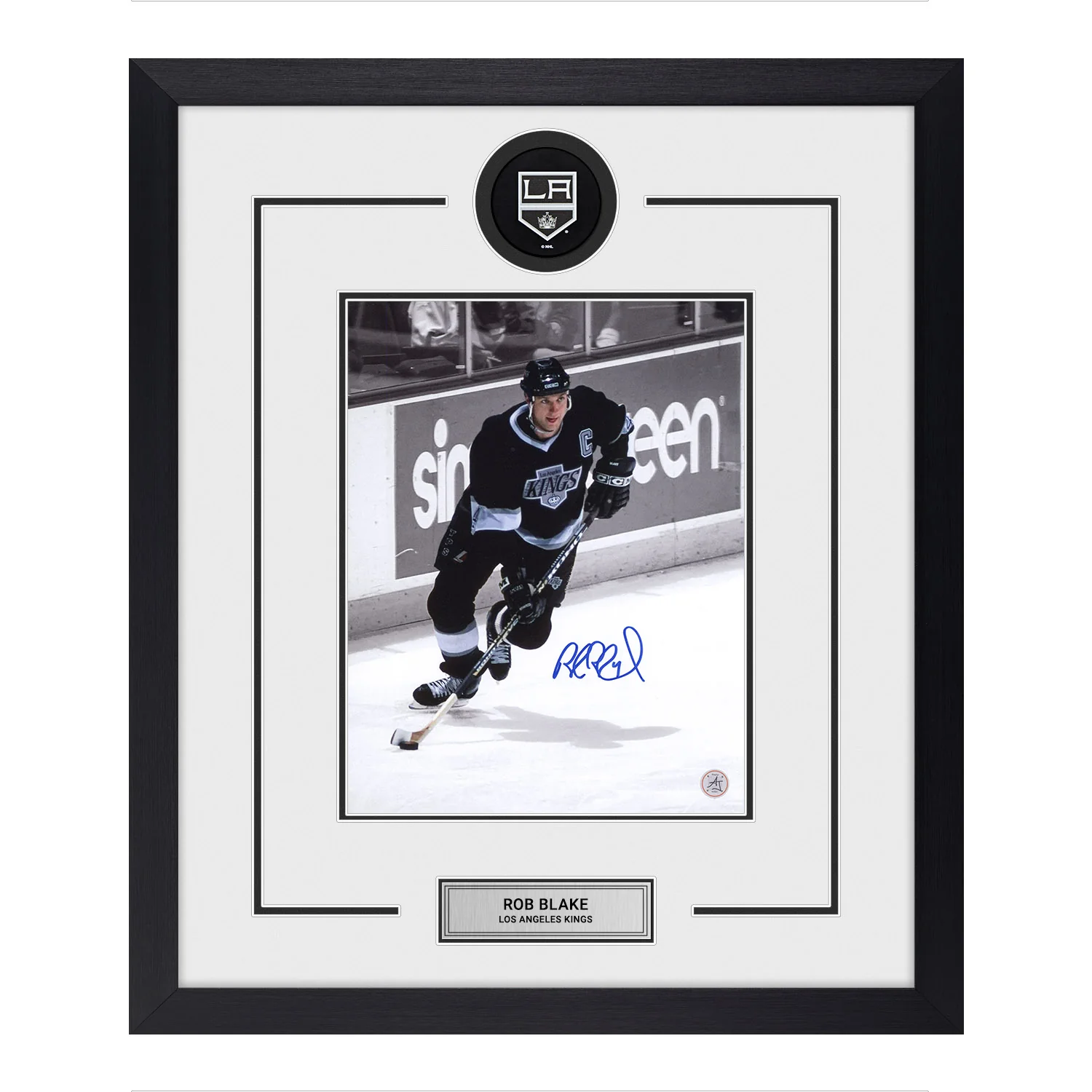 Rob Blake Autographed Los Angeles Kings Puck Logo 23x27 Frame