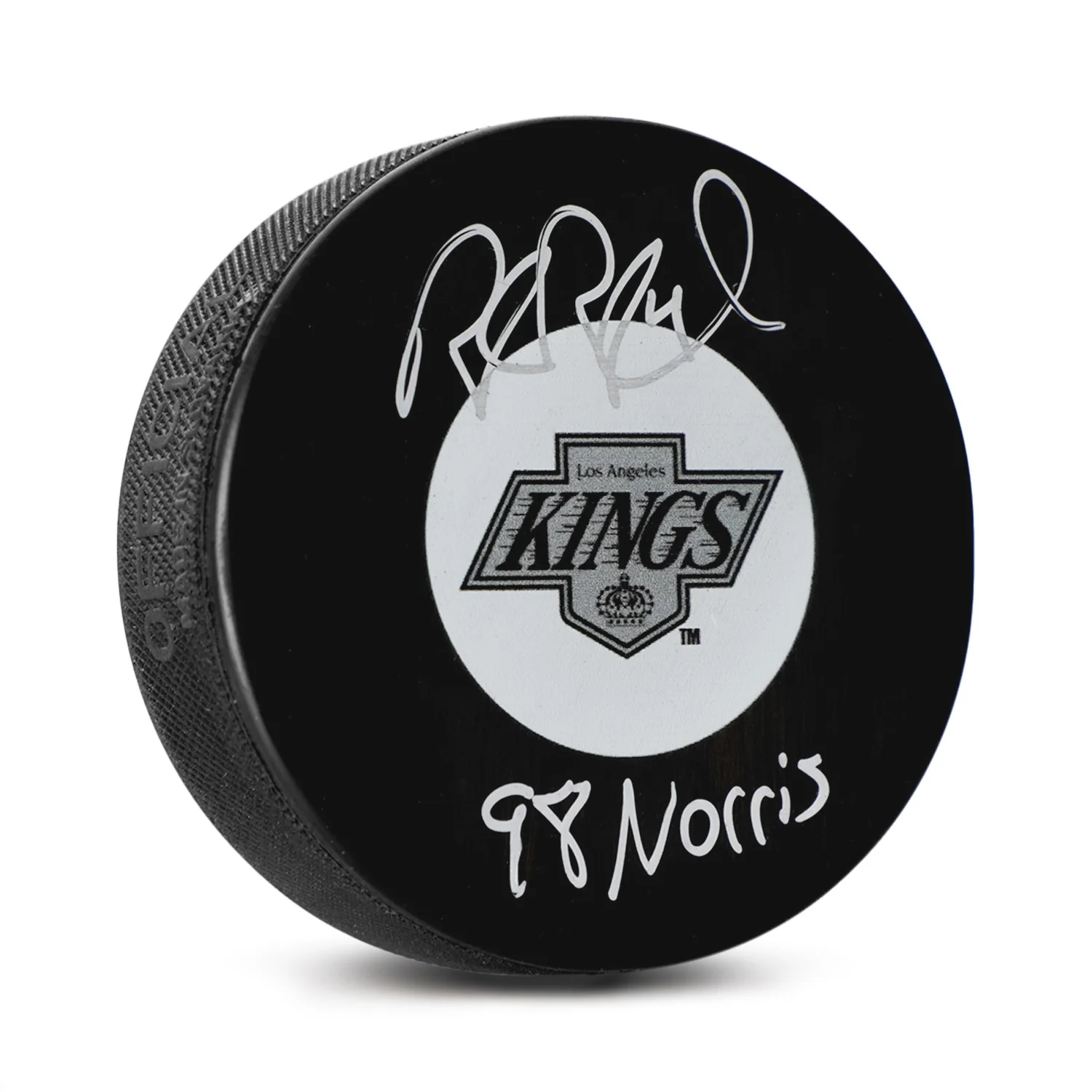 Rob Blake Signed Los Angeles Kings Hockey Puck with 1998 Norris Note
