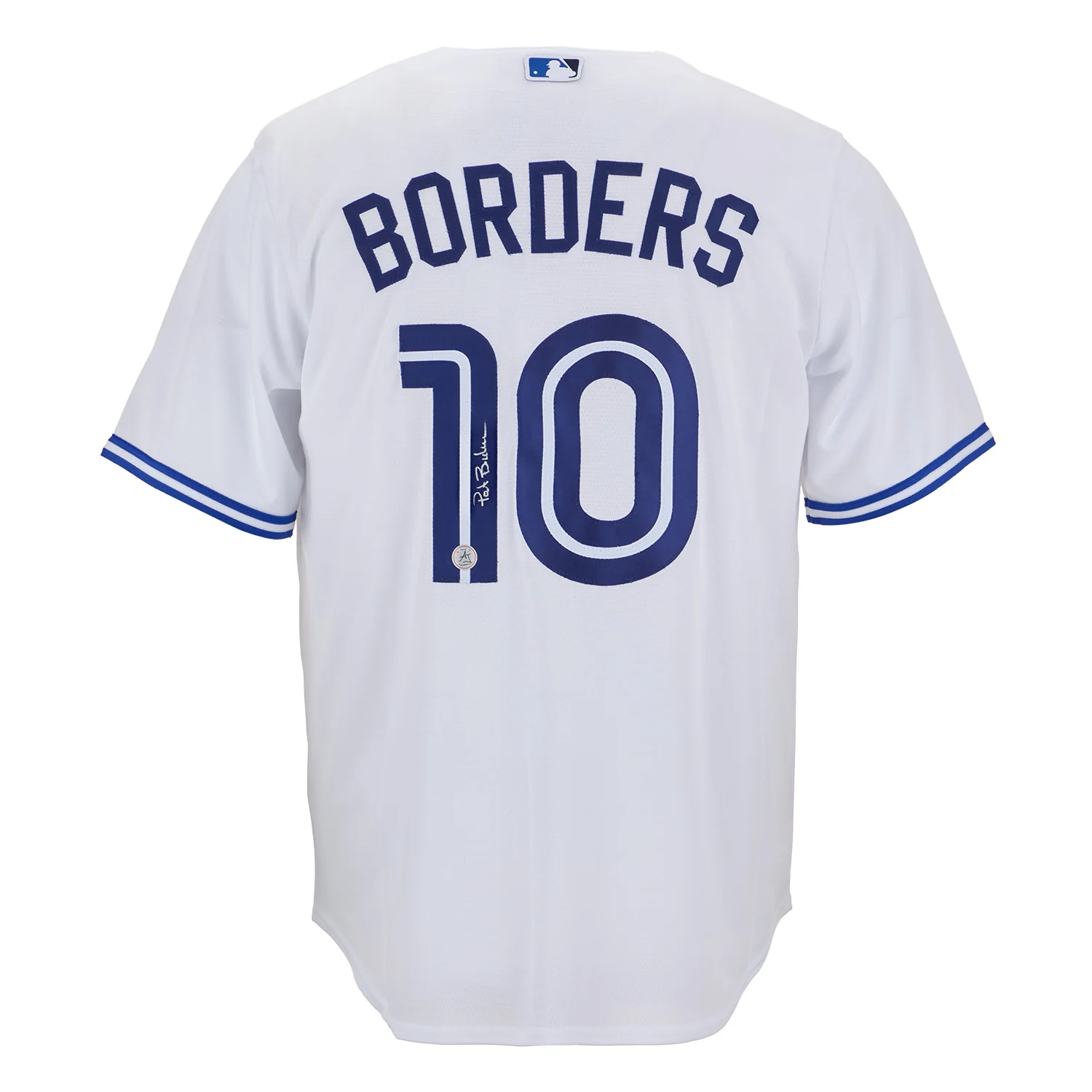 Pat Borders Autographed Toronto Blue Jays White Nike Baseball Jersey
