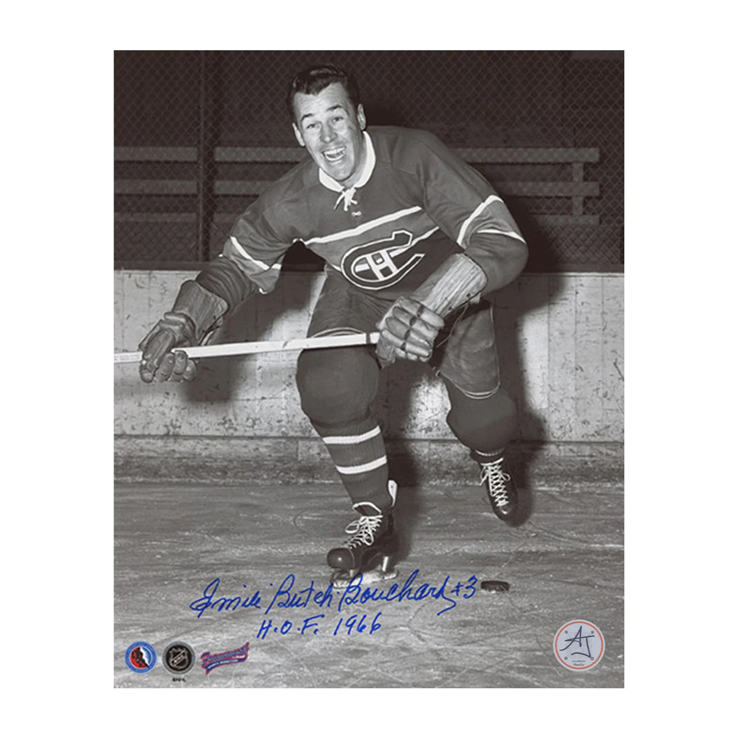 Butch Bouchard Signed Montreal Canadiens Black and White 8x10 Photo