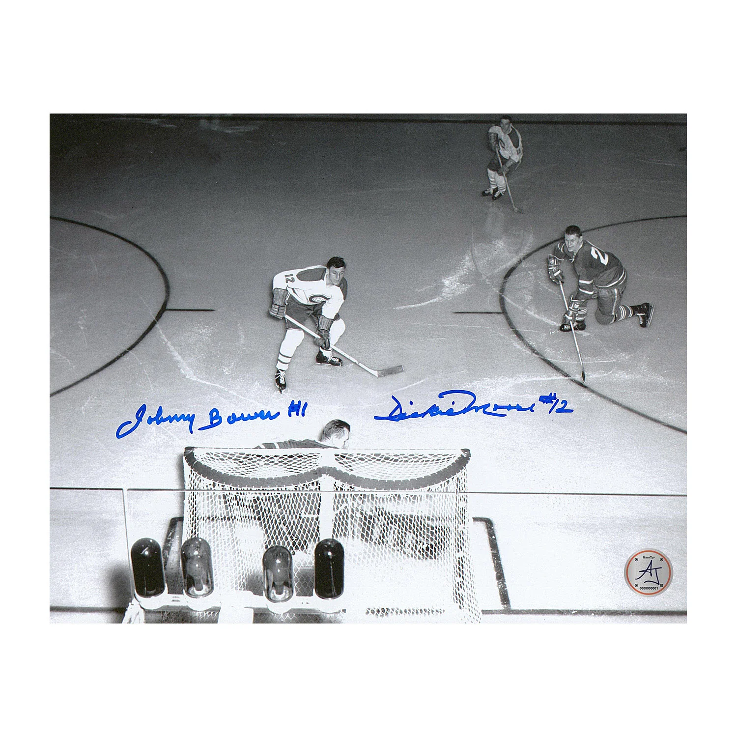 Johnny Bower vs Dickie Moore Dual Signed Leafs Canadiens Overhead 8x10 Photo