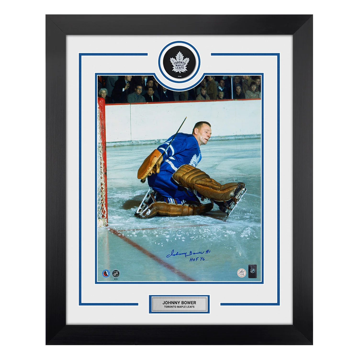 Johnny Bower Signed Toronto Maple Leafs Puck Logo 26x32 Frame