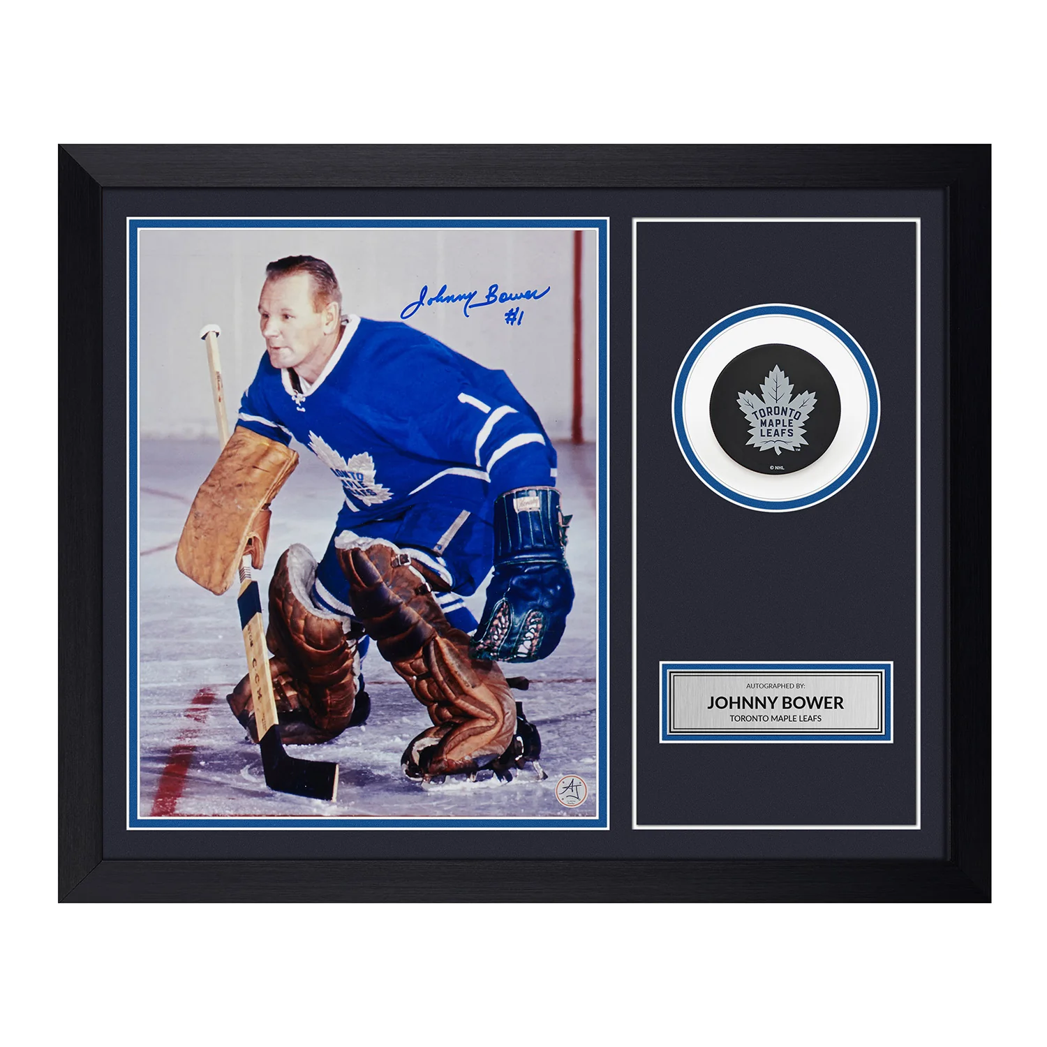 Johnny Bower Signed Toronto Maple Leafs Puck Logo 19x23 Frame