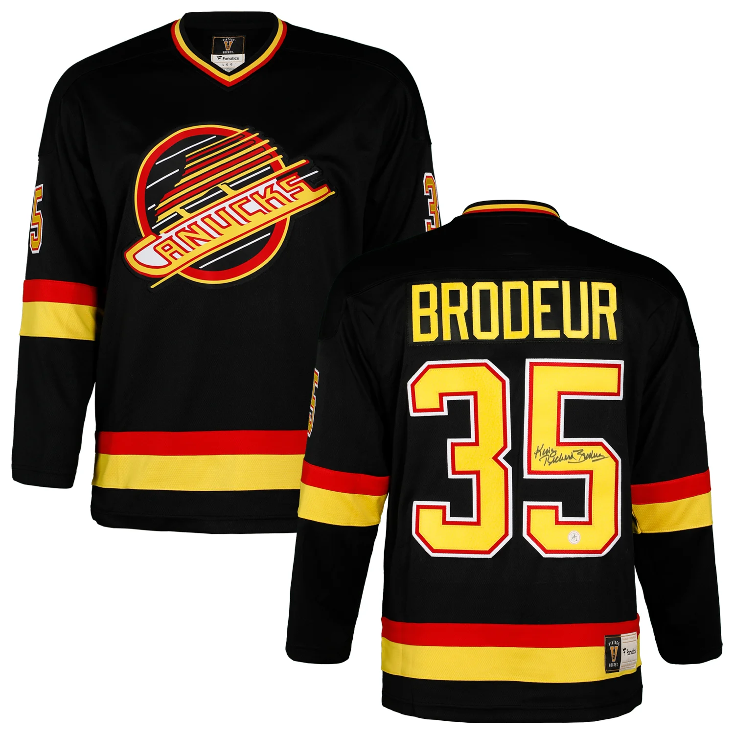 Richard Brodeur Signed Vancouver Canucks Black Fanatics Throwback Jersey - Image 3
