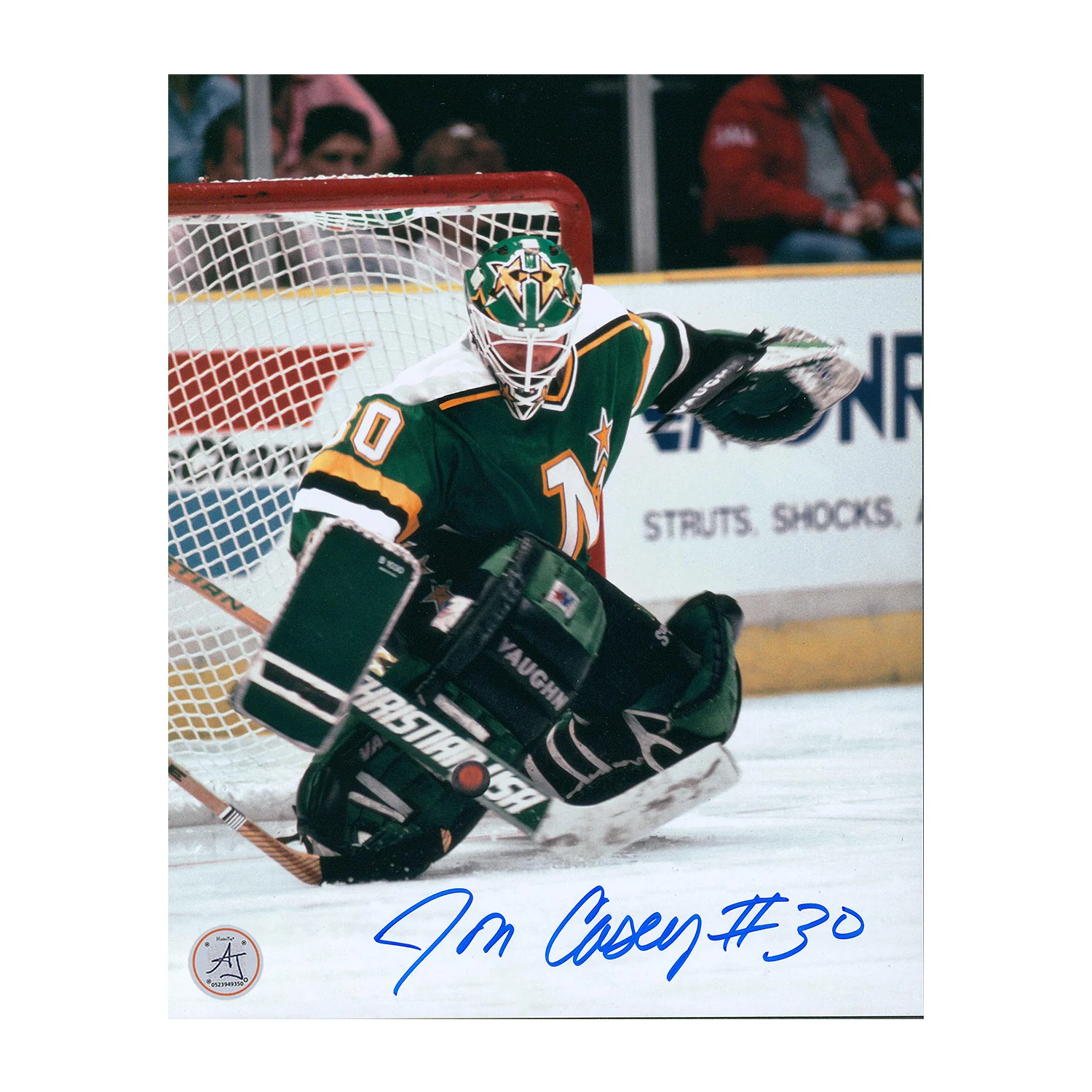 Jon Casey Autographed Minnesota North Stars Kick Save 8x10 Photo