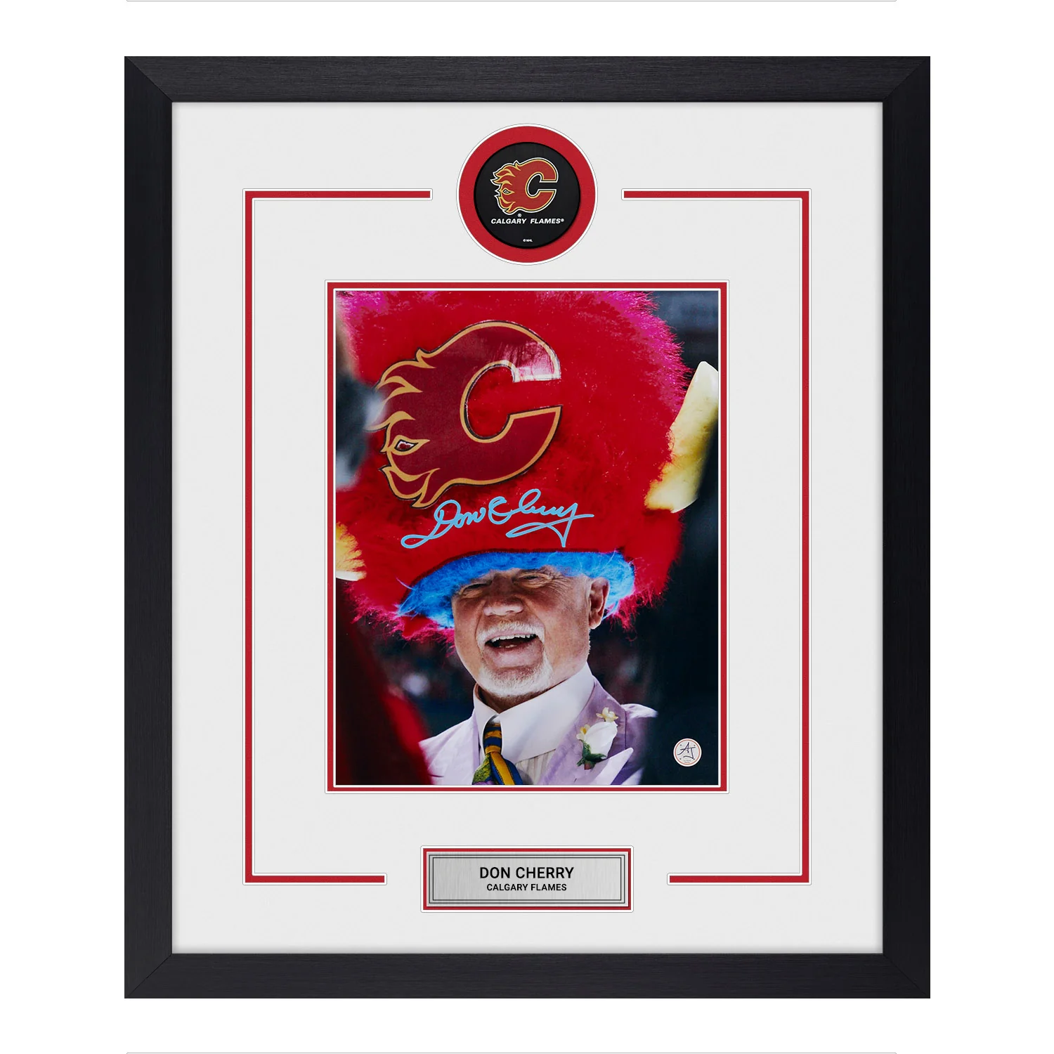 Don Cherry Autographed Calgary Flames Puck Logo 23x27 Frame
