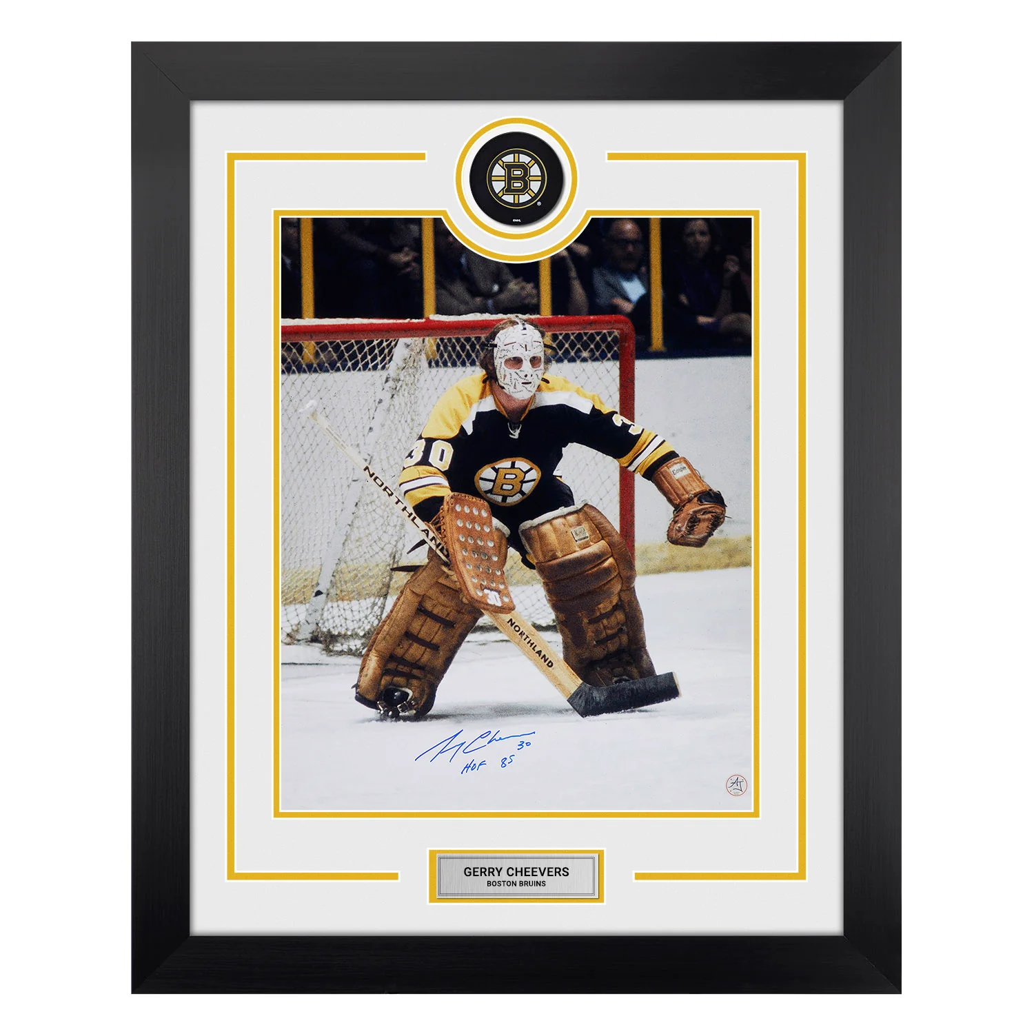 Gerry Cheevers Signed Boston Bruins Puck Logo 26x32 Frame