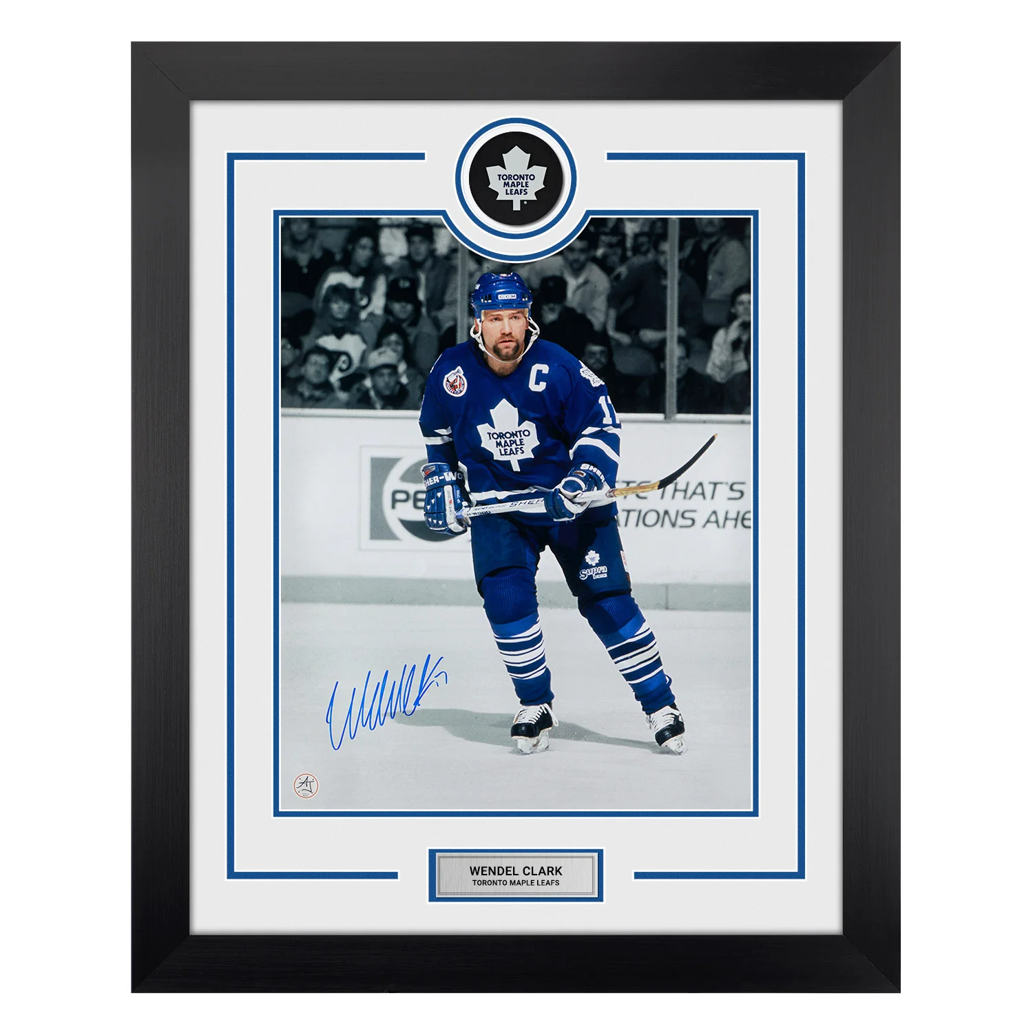 Wendel Clark Signed Toronto Maple Leafs Puck Logo 26x32 Frame