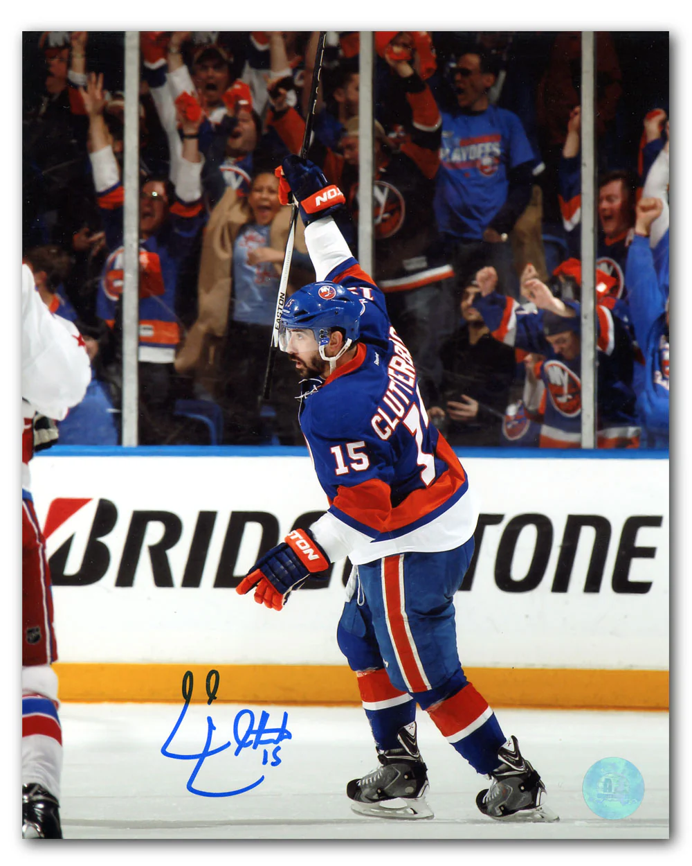 Cal Clutterbuck Autographed New York Islanders Goal Celebration 8x10 Photo