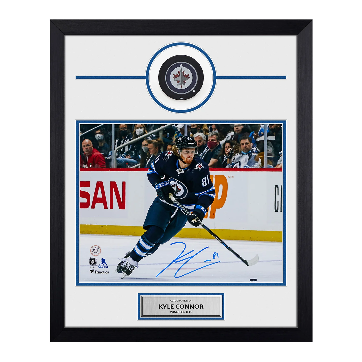 Kyle Connor Signed Winnipeg Jets Puck Logo 19x23 Frame