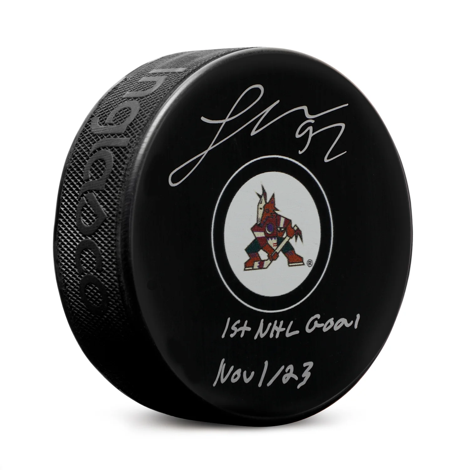 Logan Cooley Arizona Coyotes Signed & Dated 1st NHL Goal Puck