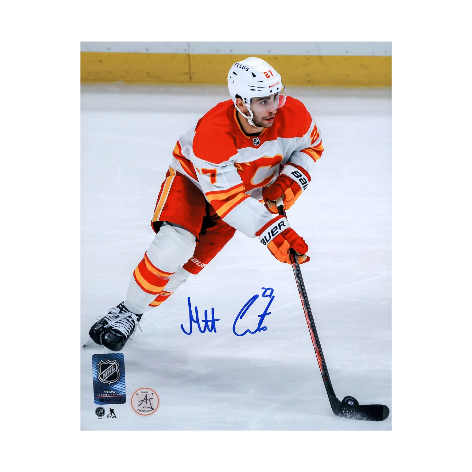 Matt Coronato Autographed Calgary Flames Puck Rush 8x10 Photo
