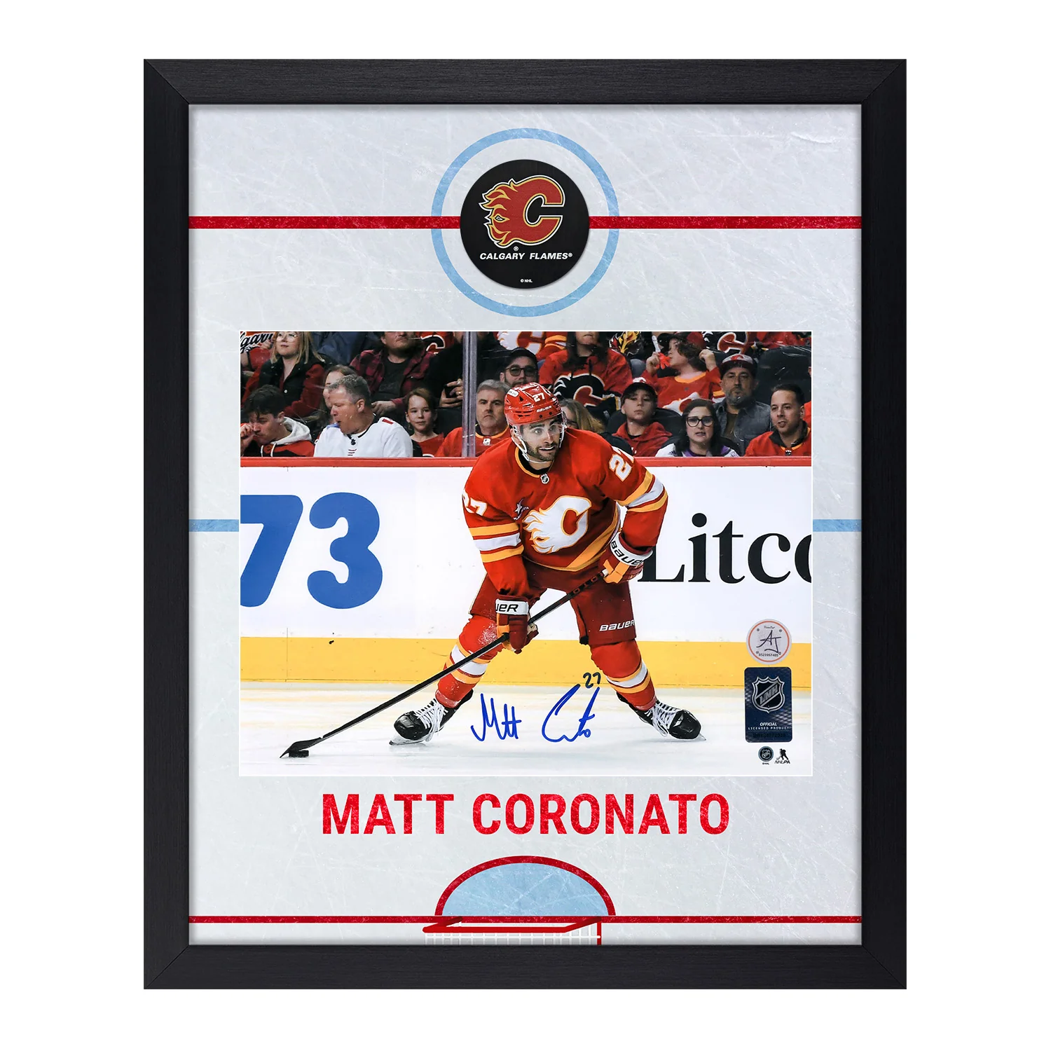 Matt Coronato Autographed Calgary Flames Graphic Rink 19x23 Frame