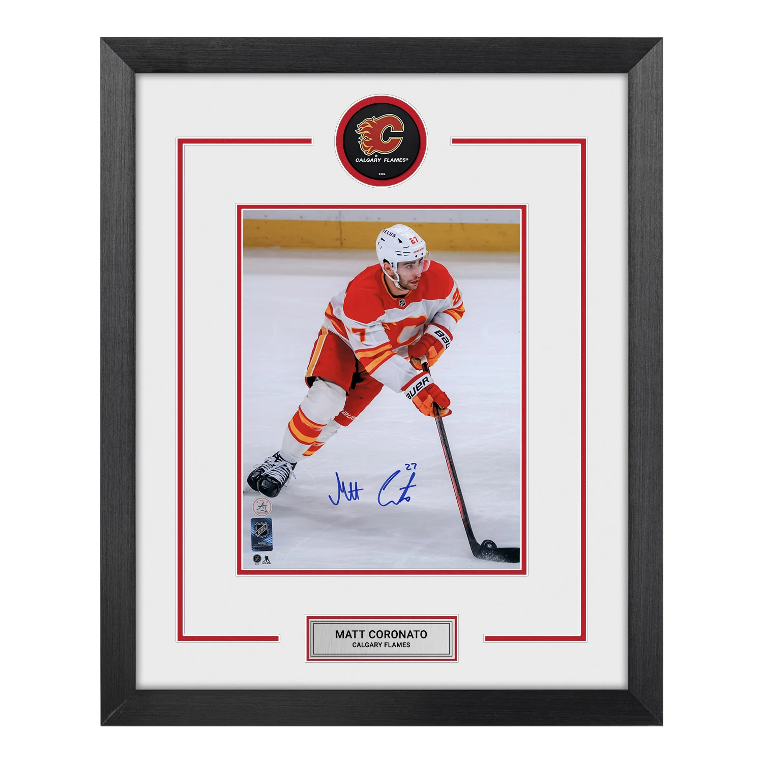 Matt Coronato Signed Calgary Flames Puck Logo 23x27 Frame