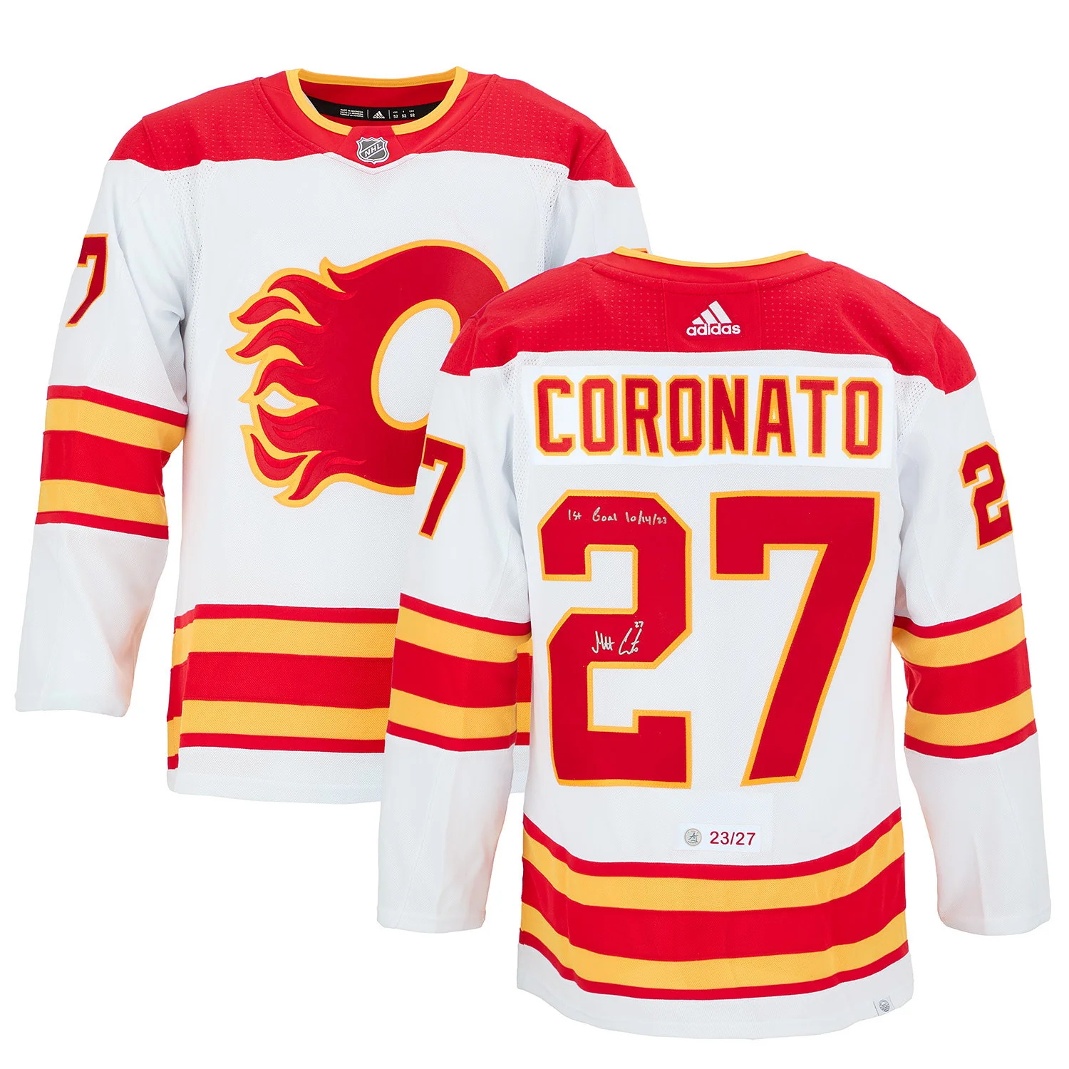 Matt Coronato Calgary Flames Signed & Dated 1st Goal adidas Jersey #/27 - Image 3