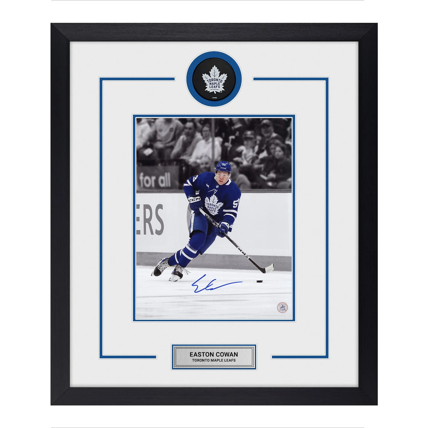 Easton Cowan Autographed Toronto Maple Leafs Puck Logo 23x27 Frame