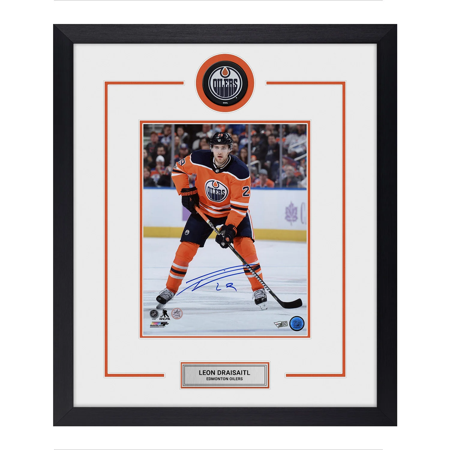 Leon Draisaitl Autographed Edmonton Oilers Puck Logo 23x27 Frame