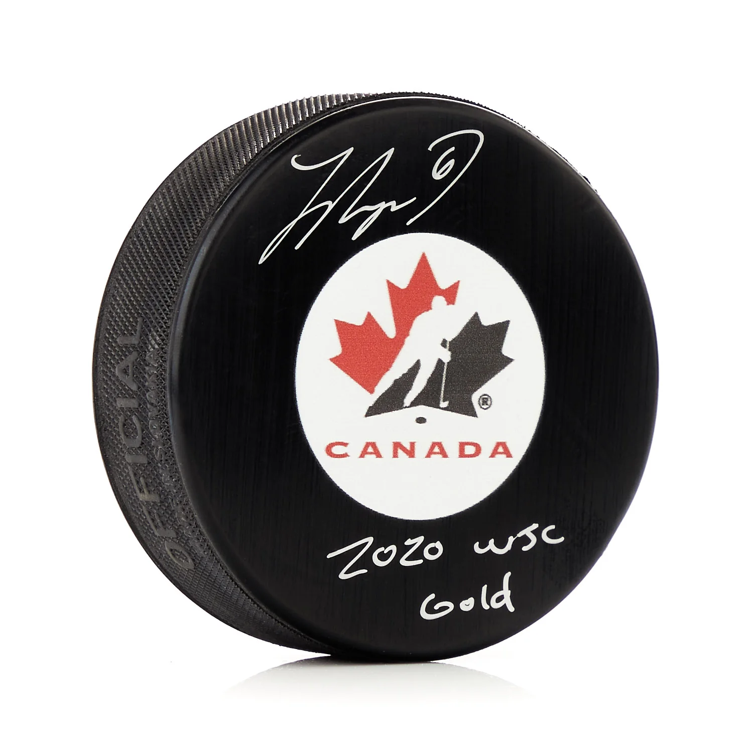 Jamie Drysdale Signed Team Canada Hockey Puck with 2020 WJC Gold Note