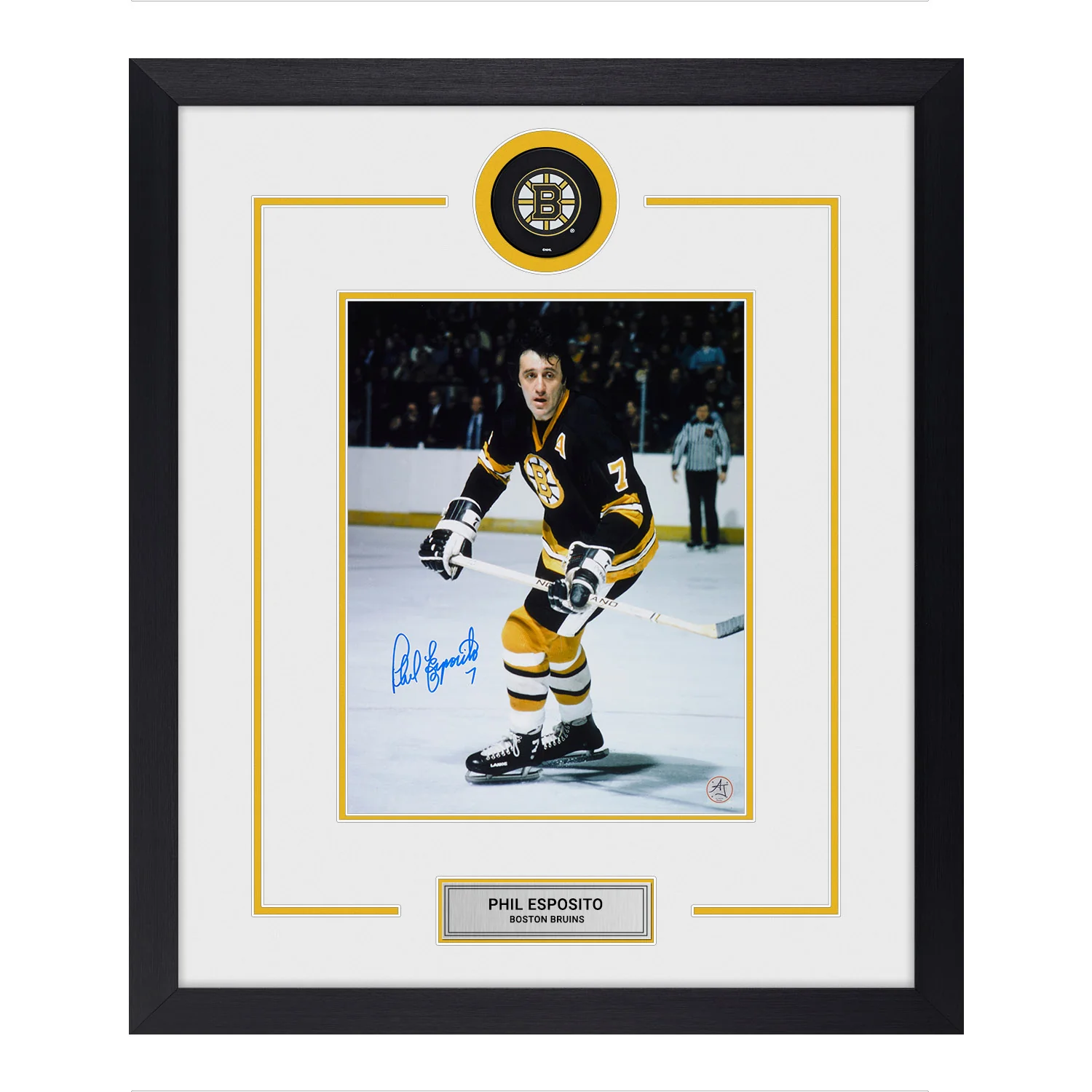 Phil Esposito Autographed Boston Bruins Puck Logo 23x27 Frame