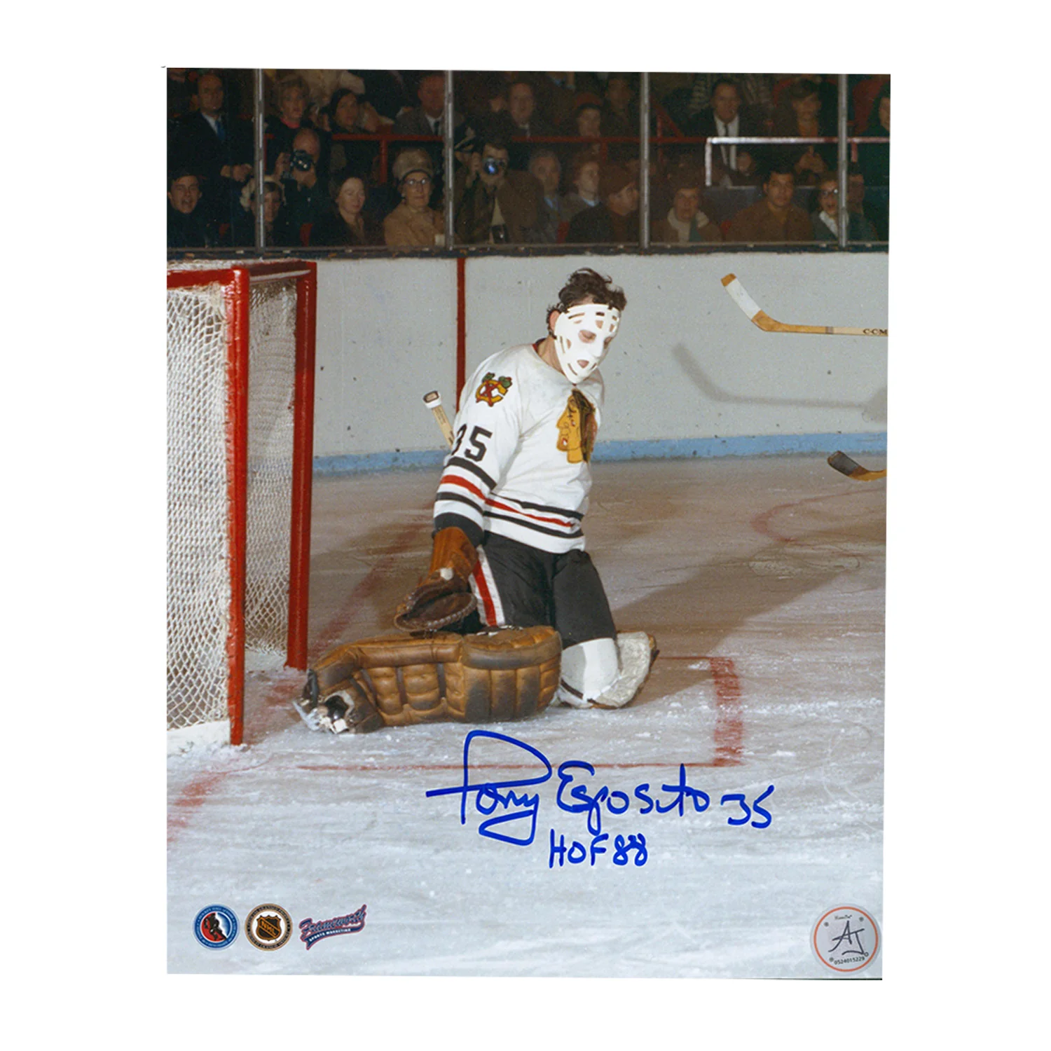 Tony Esposito Signed & Inscribed Chicago Blackhawks Butterfly Save 8x10 Photo
