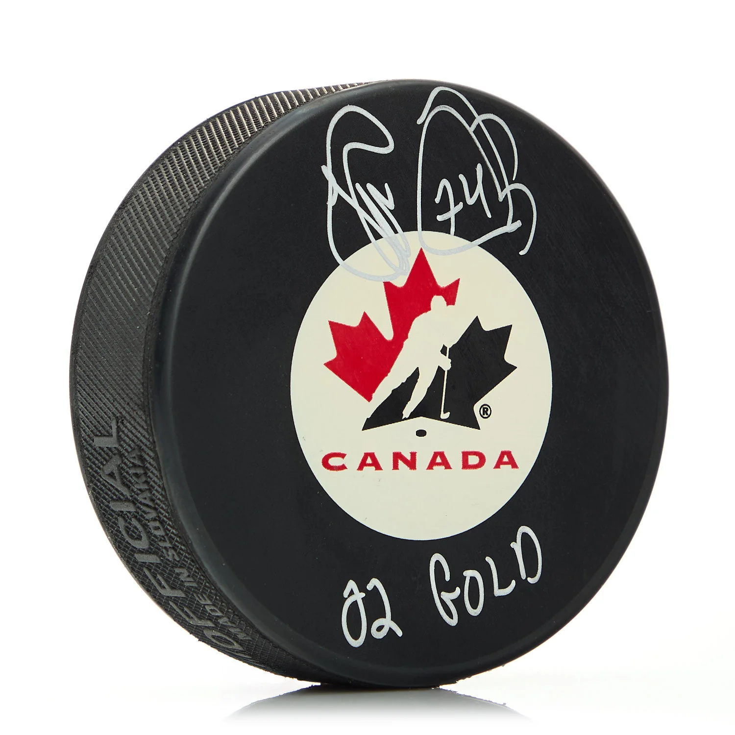 Theo Fleury Signed Team Canada Hockey Canada Puck with 02 Gold Note