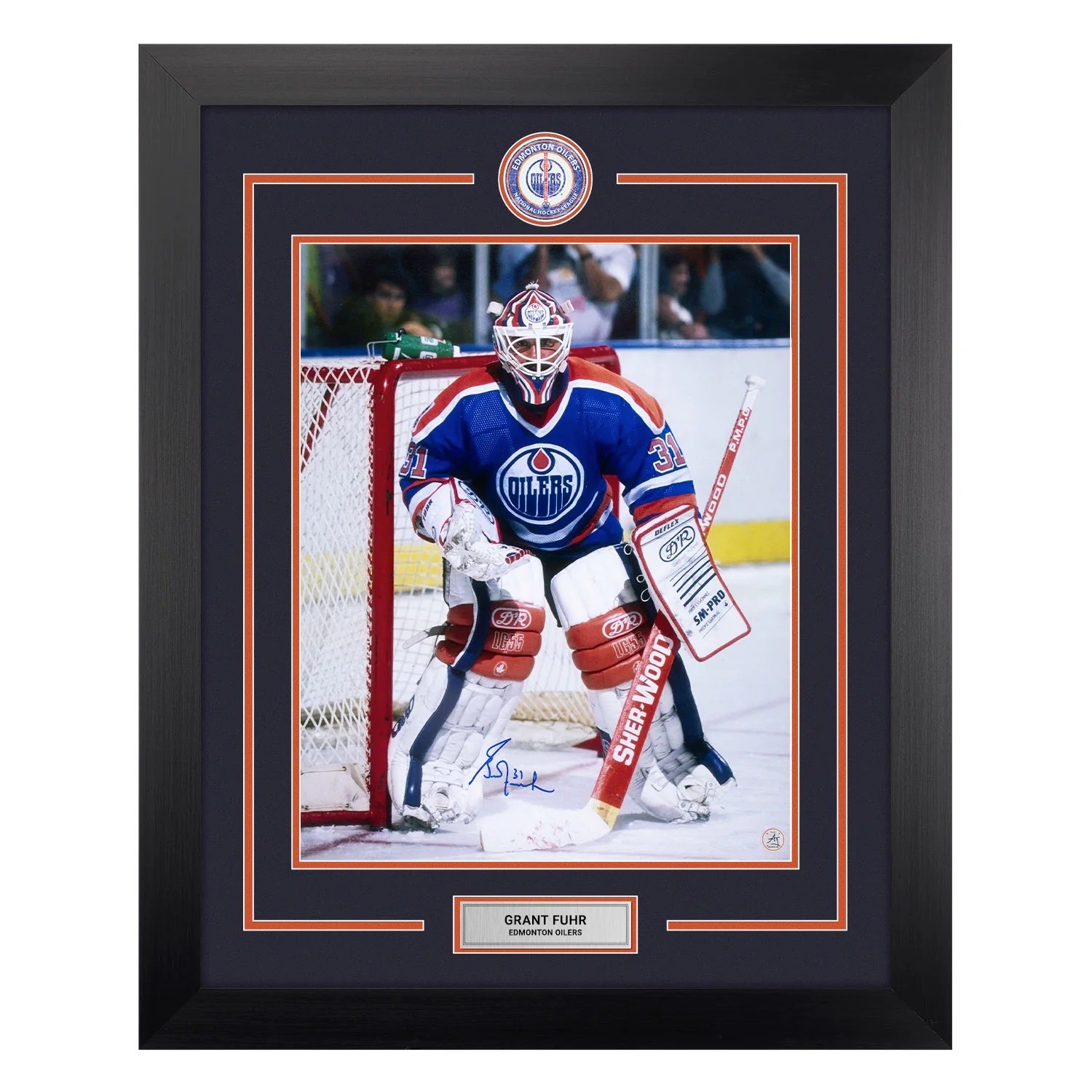 Grant Fuhr Autographed Edmonton Oilers Centre Ice Logo 26x32 Frame