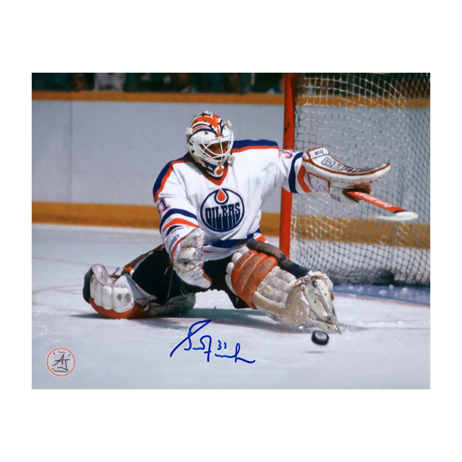 Grant Fuhr Autographed Edmonton Oilers Kick Save 8x10 photo