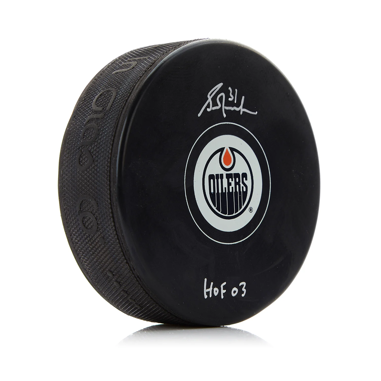 Grant Fuhr Signed Edmonton Oilers Hockey Puck with HOF Note