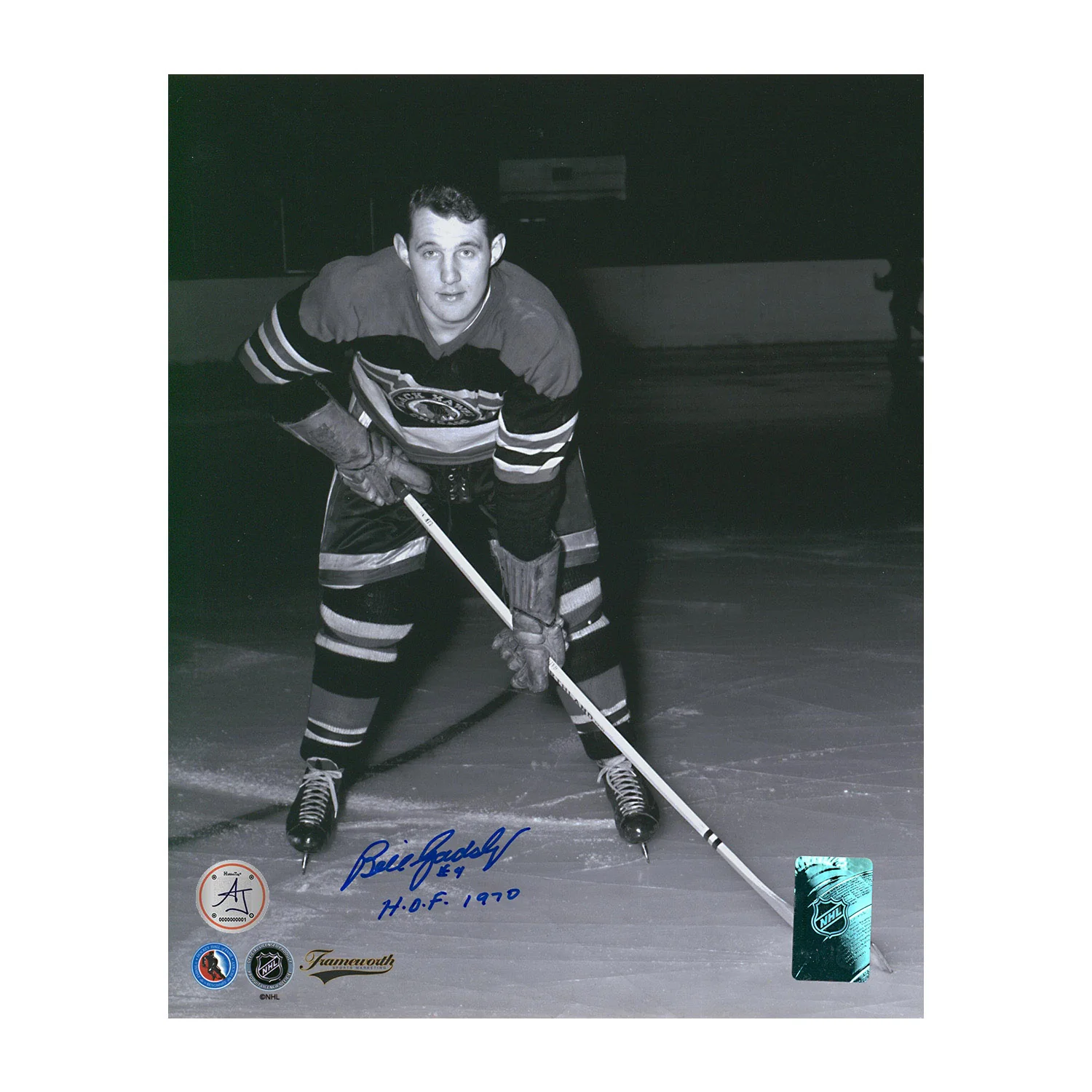 Bill Gadsby Autographed Chicago Blackhawks Black and White 8x10 Photo