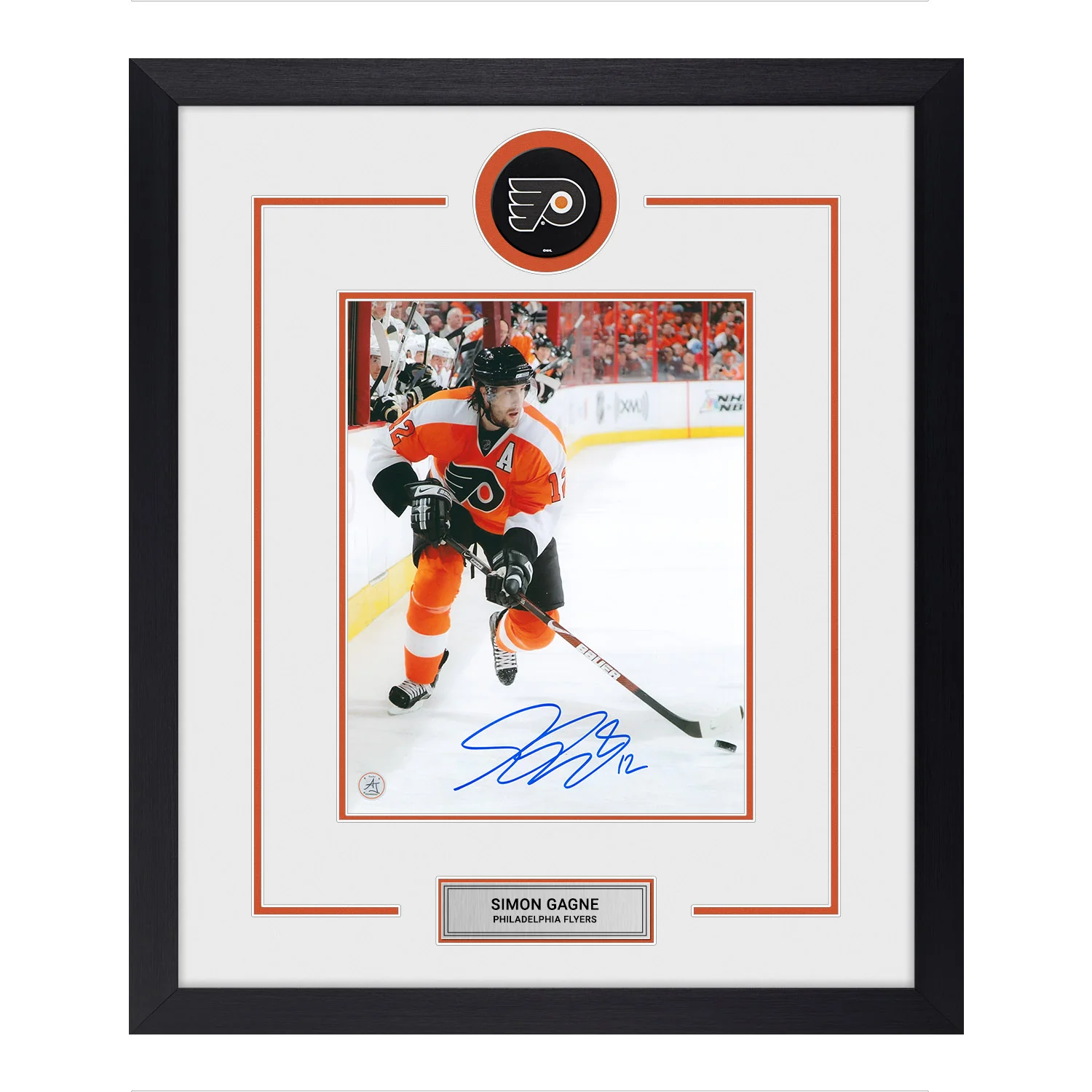 Simon Gagne Autographed Philadelphia Flyers Puck Logo 23x27 Frame