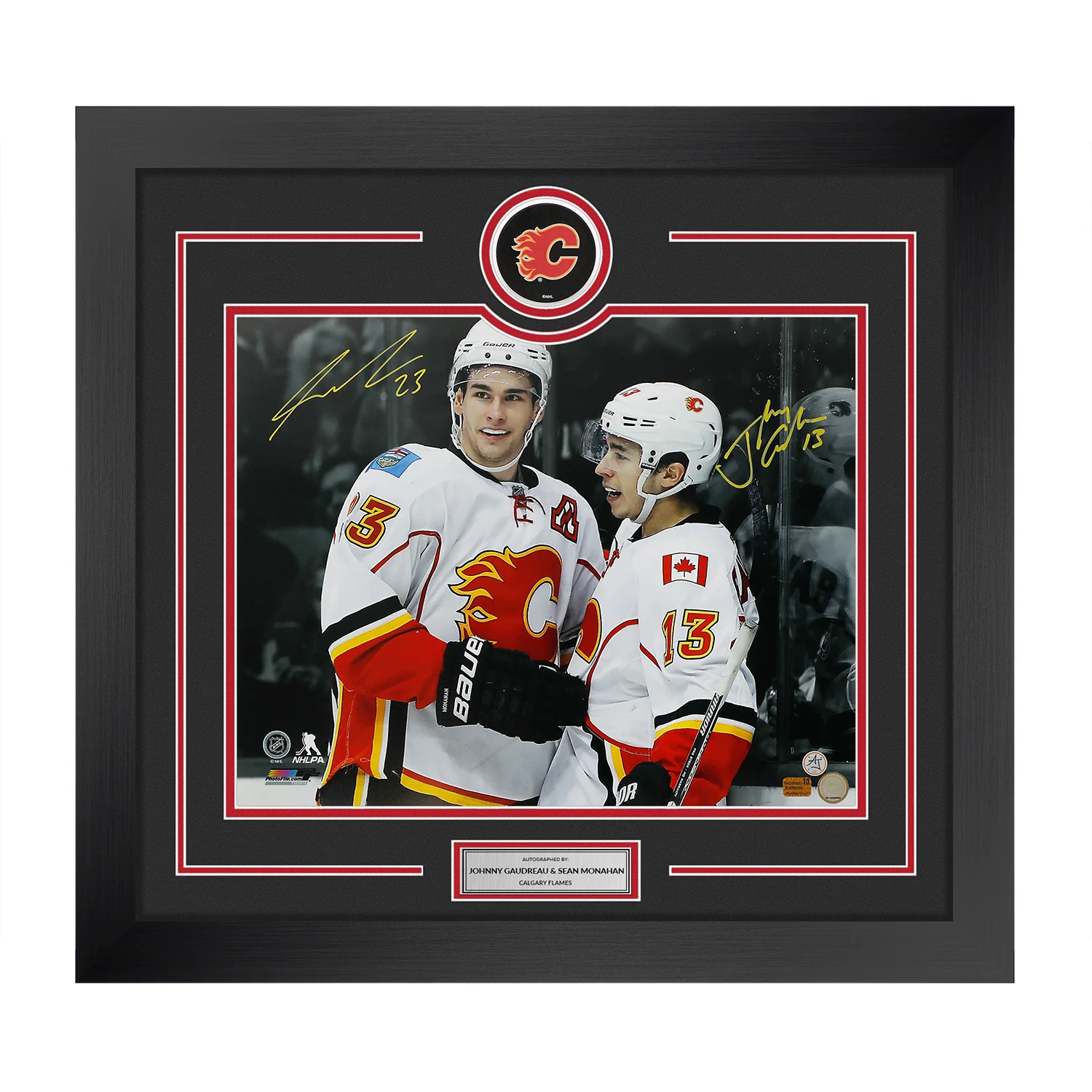 Johnny Gaudreau & Sean Monahan Dual Signed Calgary Flames Puck Logo 28x30 Frame