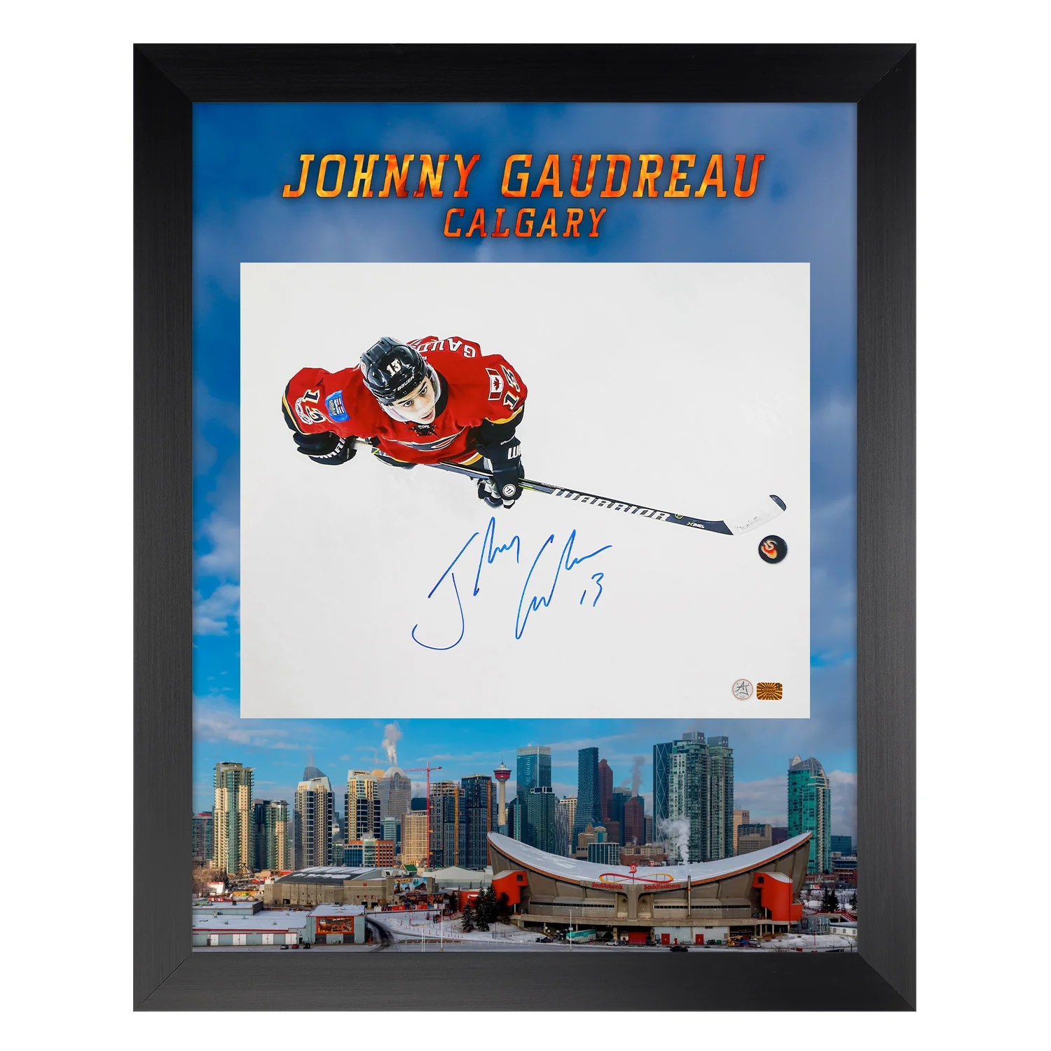 Johnny Gaudreau Signed Calgary Flames City Skyline 26x32 Frame