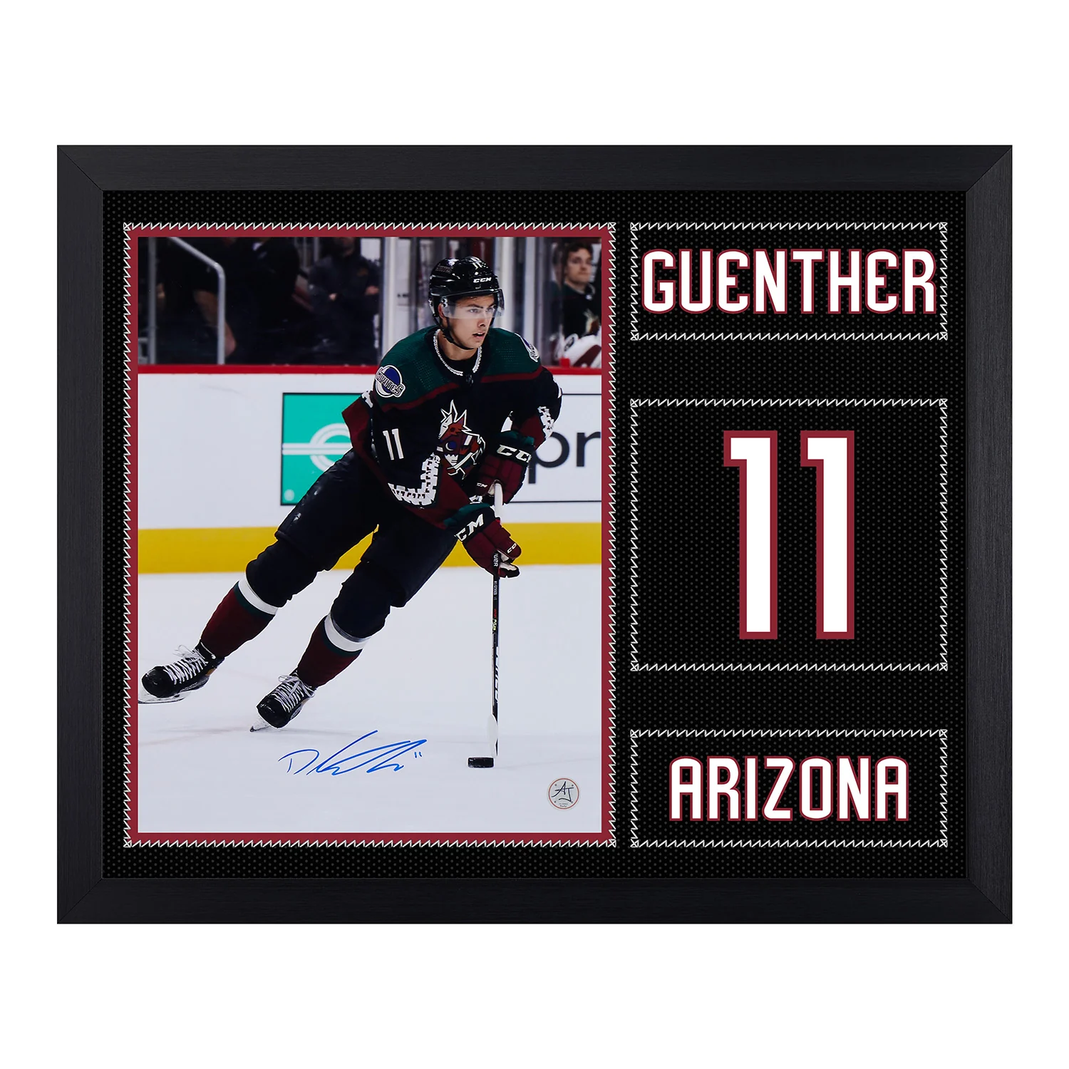 Dylan Guenther Signed Arizona Coyotes Uniform Graphic 19x23 Frame