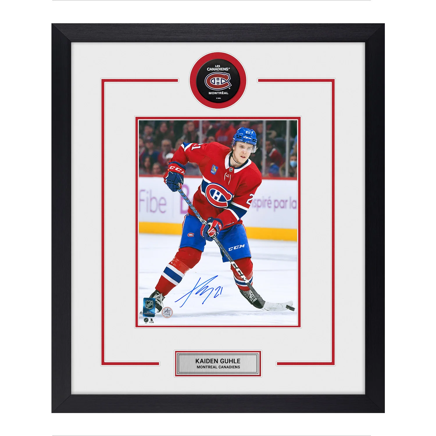 Kaiden Guhle Autographed Montreal Canadiens Puck Logo 23x27 Frame