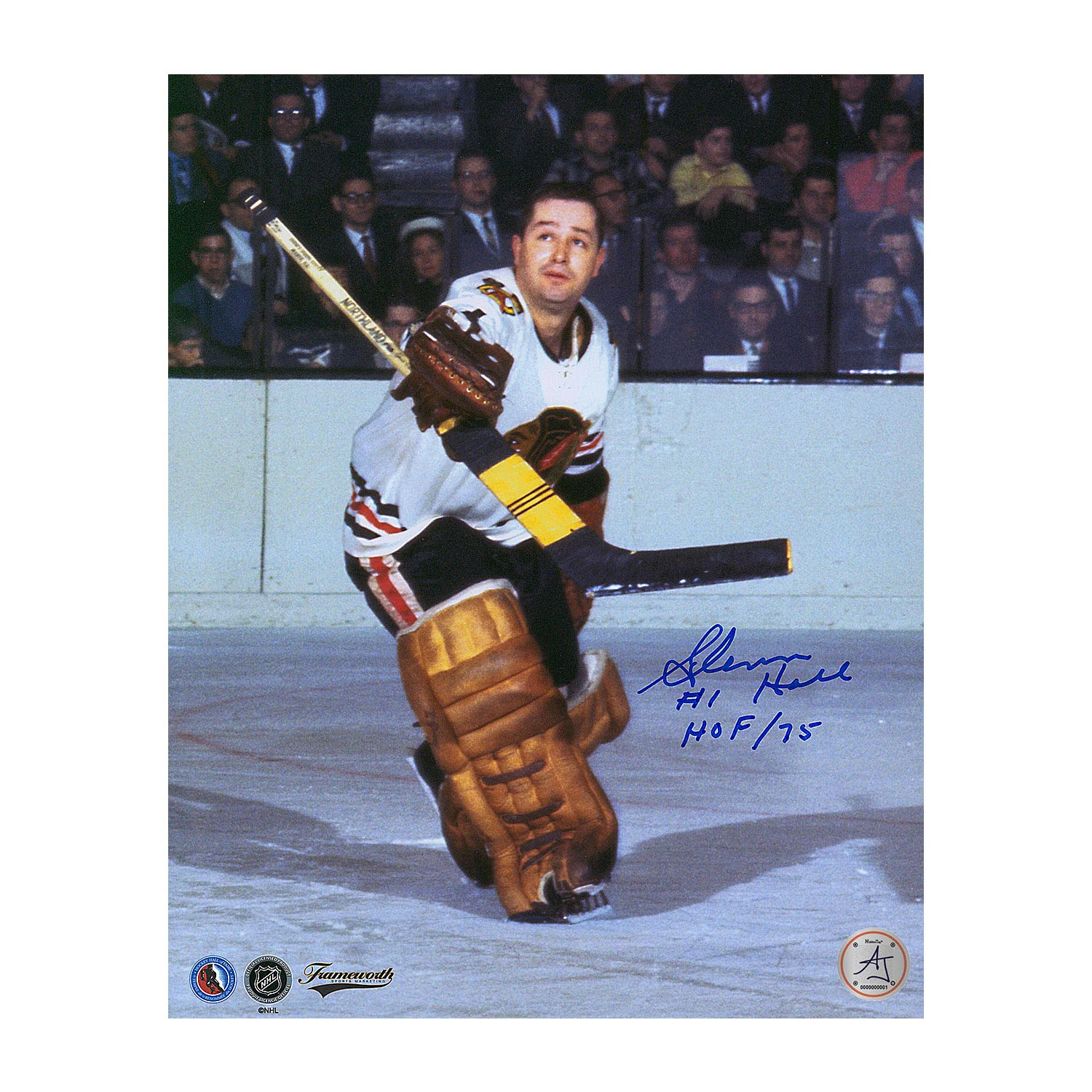 Glenn Hall Signed Chicago Blackhawks Puck In Air 8x10 Photo with Note