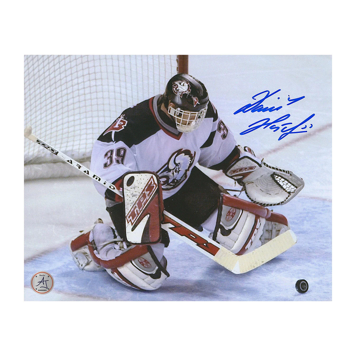 Dominik Hasek Signed Buffalo Sabres Goal Crease Puck Save 8x10 Photo