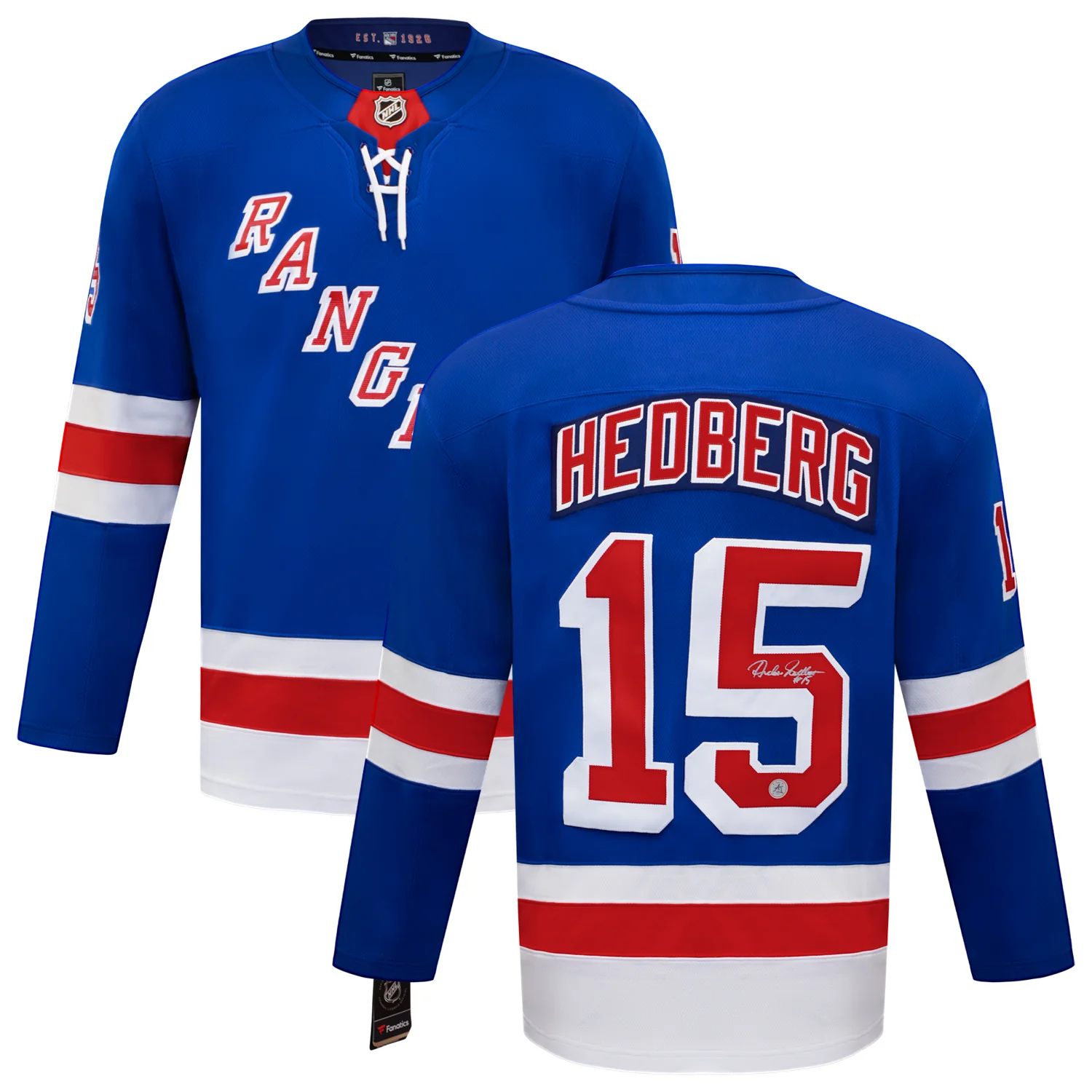 Anders Hedberg Autographed New York Rangers Blue Fanatics Breakaway Jersey - Image 3