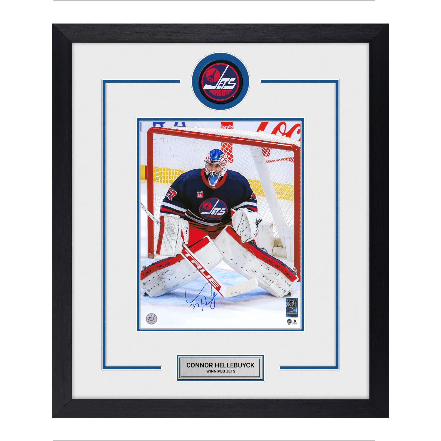 Connor Hellebuyck Signed Winnipeg Jets Heritage Puck Logo 23x27 Frame