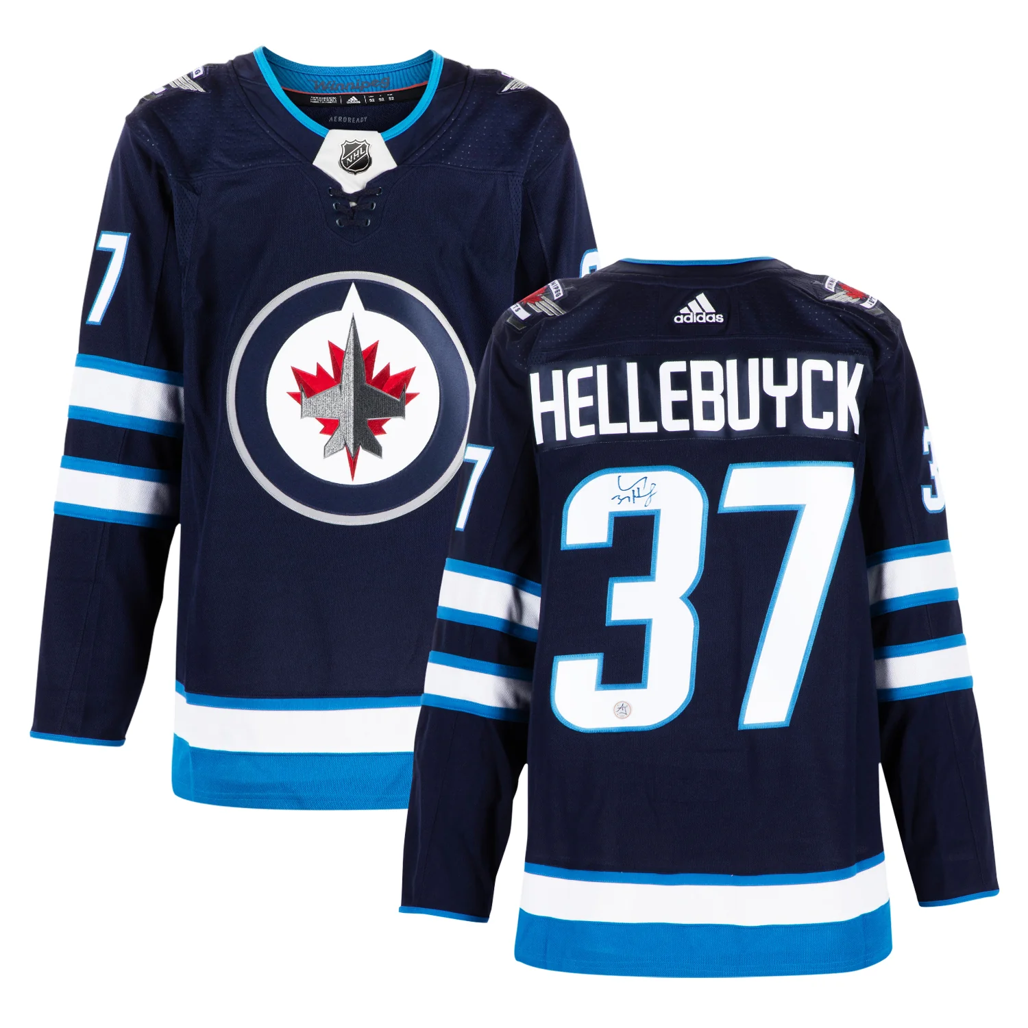 Connor Hellebuyck Autographed Winnipeg Jets Blue adidas Jersey - Image 3